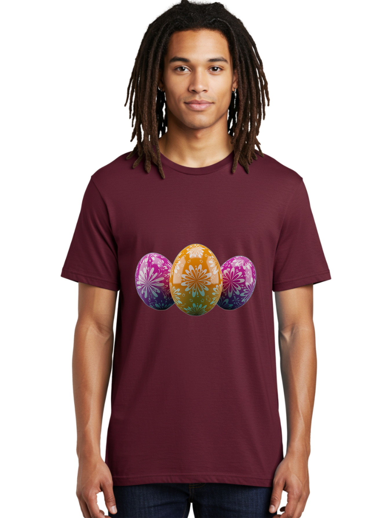 Easter-Eggs-11 Men'S Graphic Tee, 100% Cotton, Comfortable Casual Summer Wear, Machine Washable, Decorated Easter Eggs, Floral Patterns, Purple And Orange Eggs, Shiny Finish, Easter Celebration, Spring Decorations, Festive Eggs, Baa605
