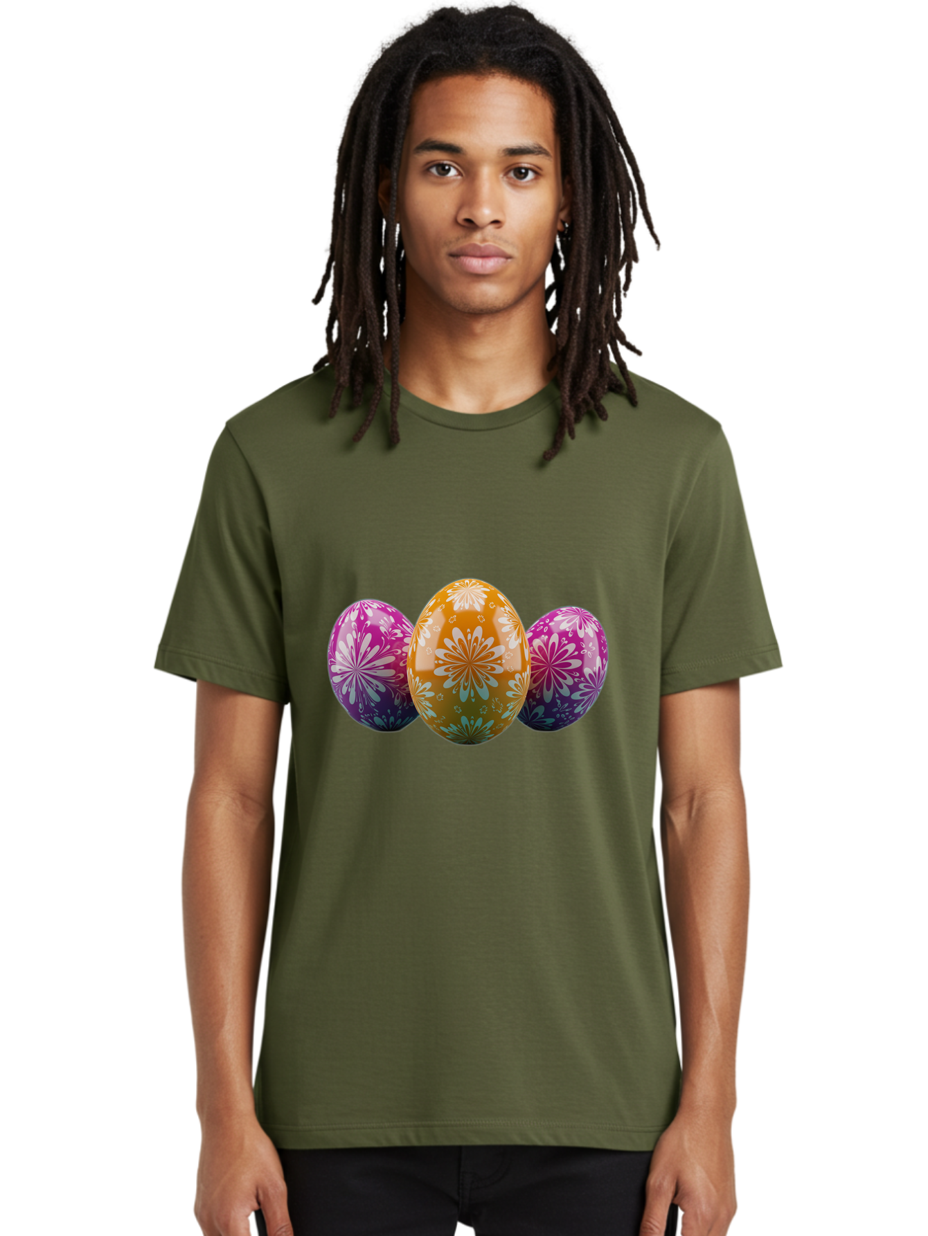 Easter-Eggs-11 Men'S Graphic Tee, 100% Cotton, Comfortable Casual Summer Wear, Machine Washable, Decorated Easter Eggs, Floral Patterns, Purple And Orange Eggs, Shiny Finish, Easter Celebration, Spring Decorations, Festive Eggs, Baa605
