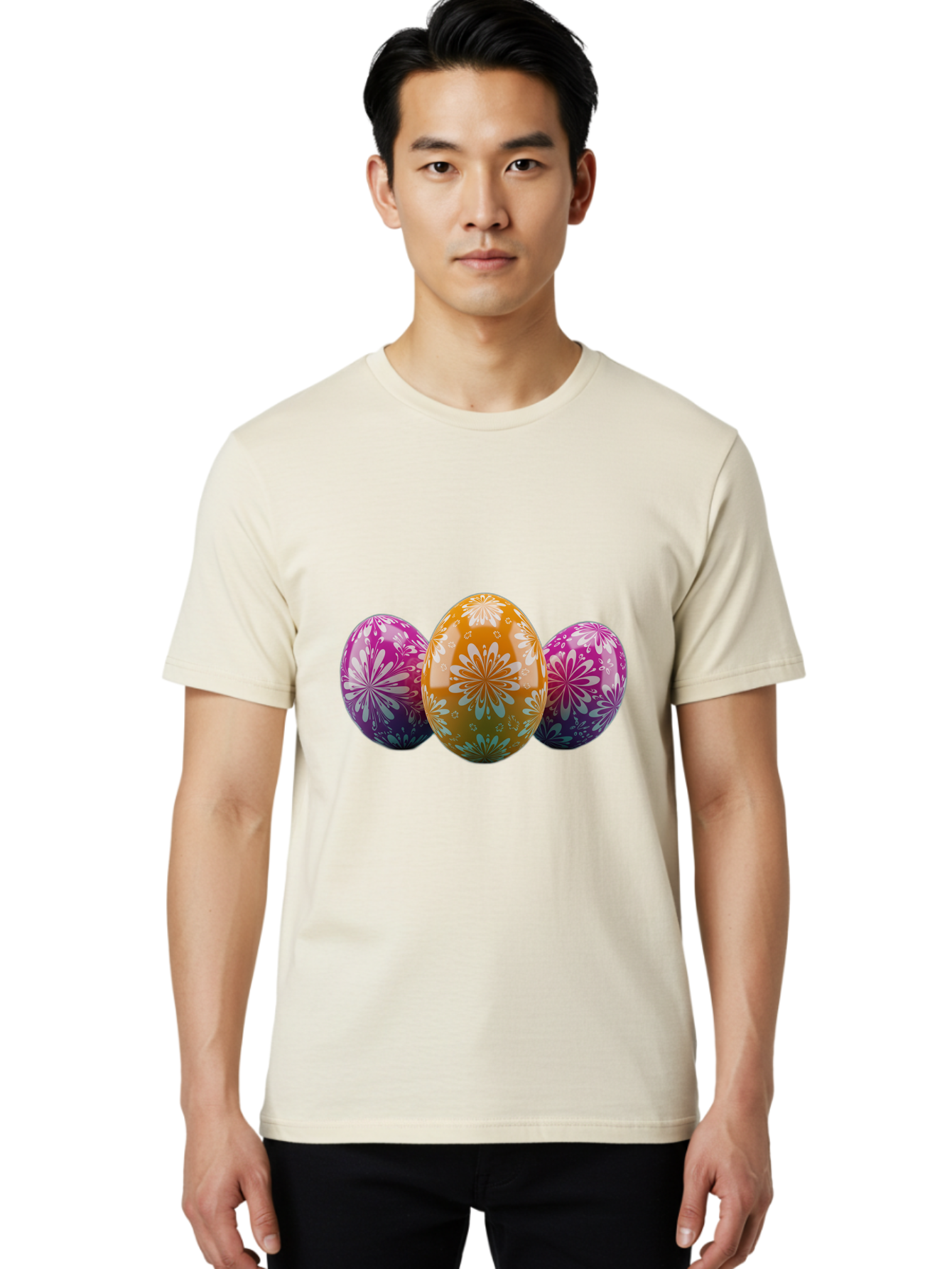 Easter-Eggs-11 Men'S Graphic Tee, 100% Cotton, Comfortable Casual Summer Wear, Machine Washable, Decorated Easter Eggs, Floral Patterns, Purple And Orange Eggs, Shiny Finish, Easter Celebration, Spring Decorations, Festive Eggs, Baa605
