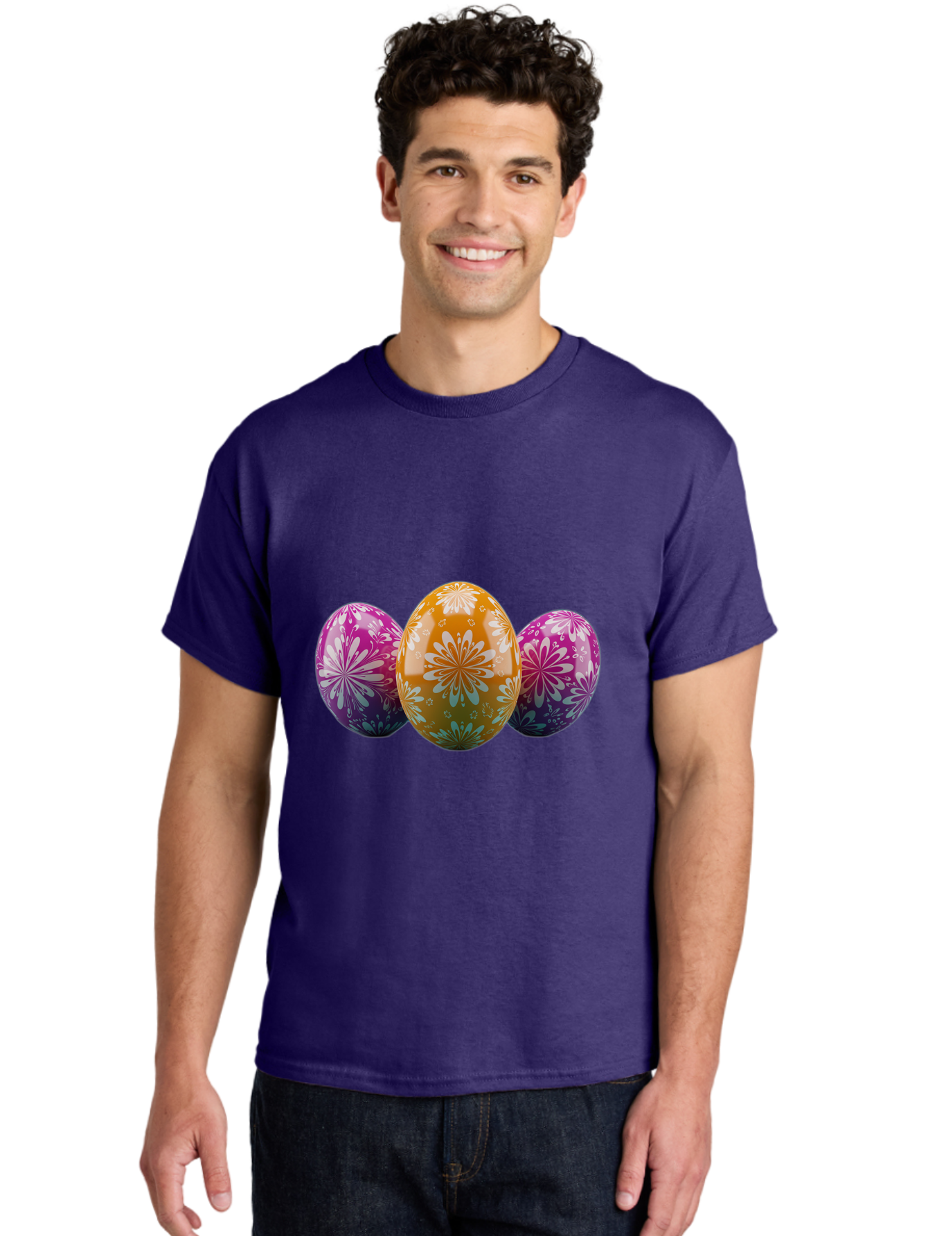 Easter-Eggs-11 Men'S Graphic Tee, 100% Cotton, Comfortable Casual Summer Wear, Machine Washable, Decorated Easter Eggs, Floral Patterns, Purple And Orange Eggs, Shiny Finish, Easter Celebration, Spring Decorations, Festive Eggs, Baa605