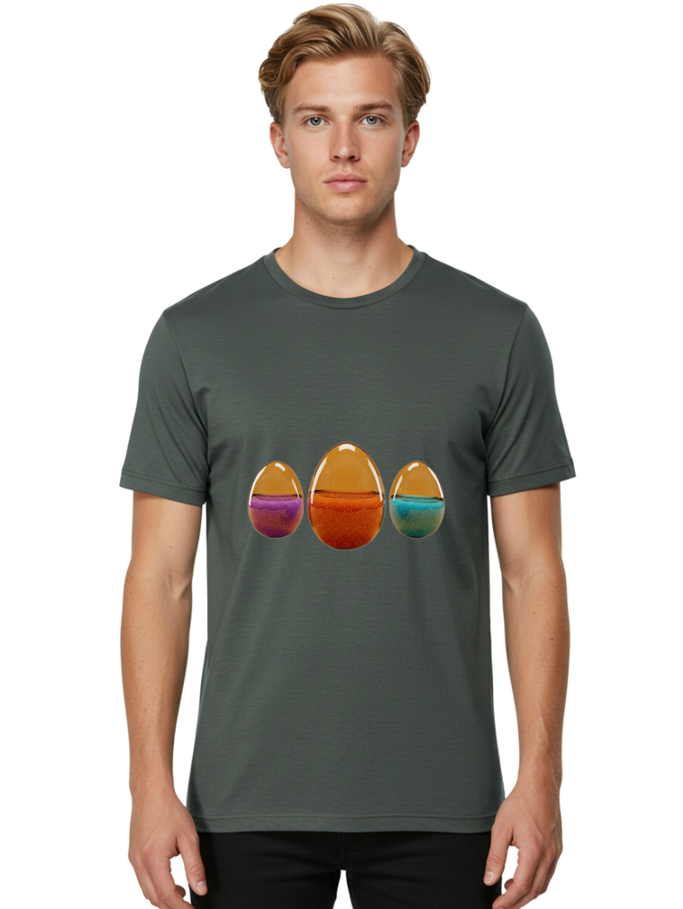 Easter-Eggs-12 Men'S Graphic Tee, 100% Cotton, Comfortable Casual Summer Wear, Machine Washable, Translucent Easter Eggs, Purple, Orange, Blue, Sparkly Contents, Festive Decorations, Spring Holiday, Colorful Eggs, Egg Decorations Baa606