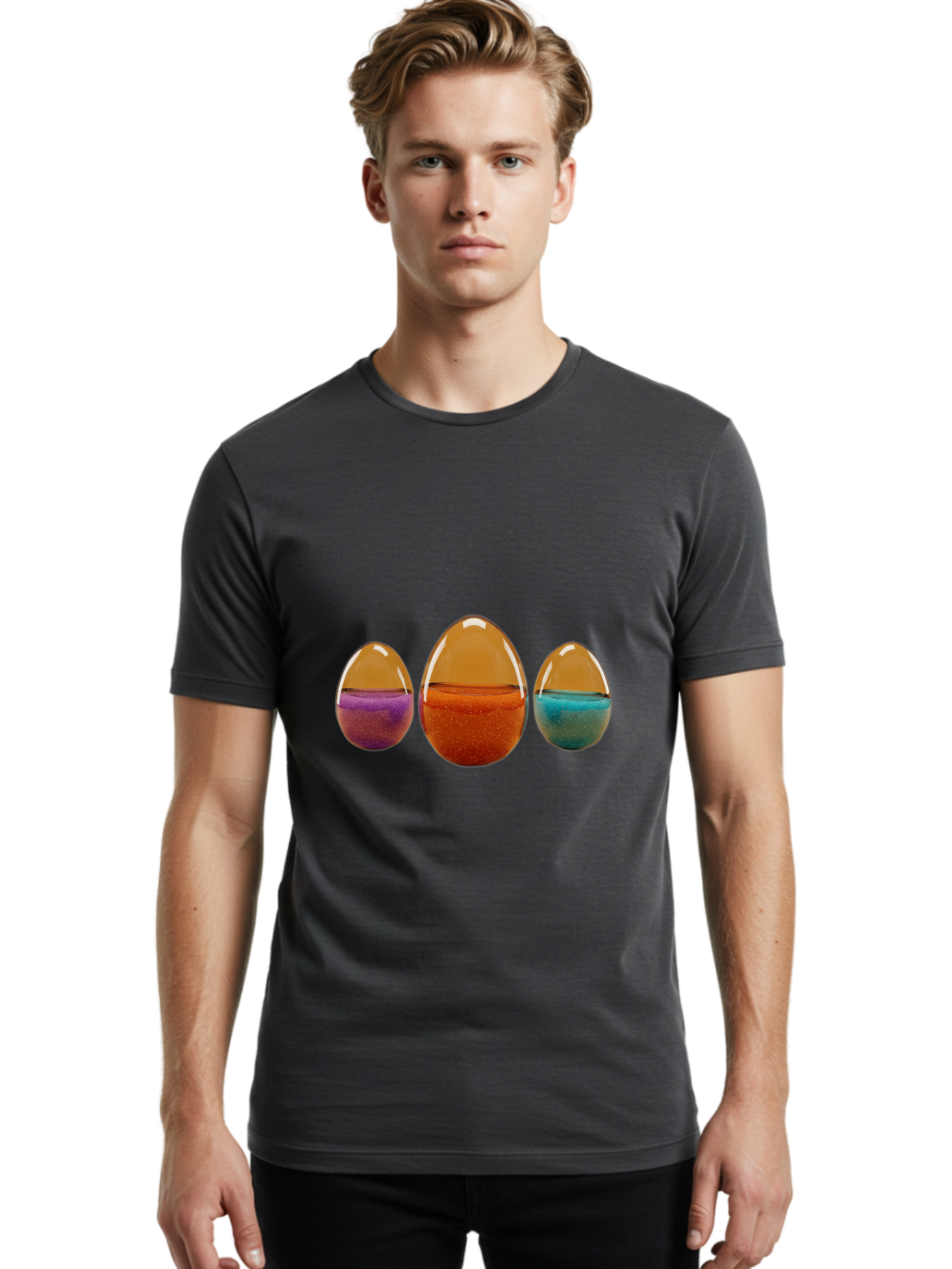 Easter-Eggs-12 Men'S Graphic Tee, 100% Cotton, Comfortable Casual Summer Wear, Machine Washable, Translucent Easter Eggs, Purple, Orange, Blue, Sparkly Contents, Festive Decorations, Spring Holiday, Colorful Eggs, Egg Decorations Baa606