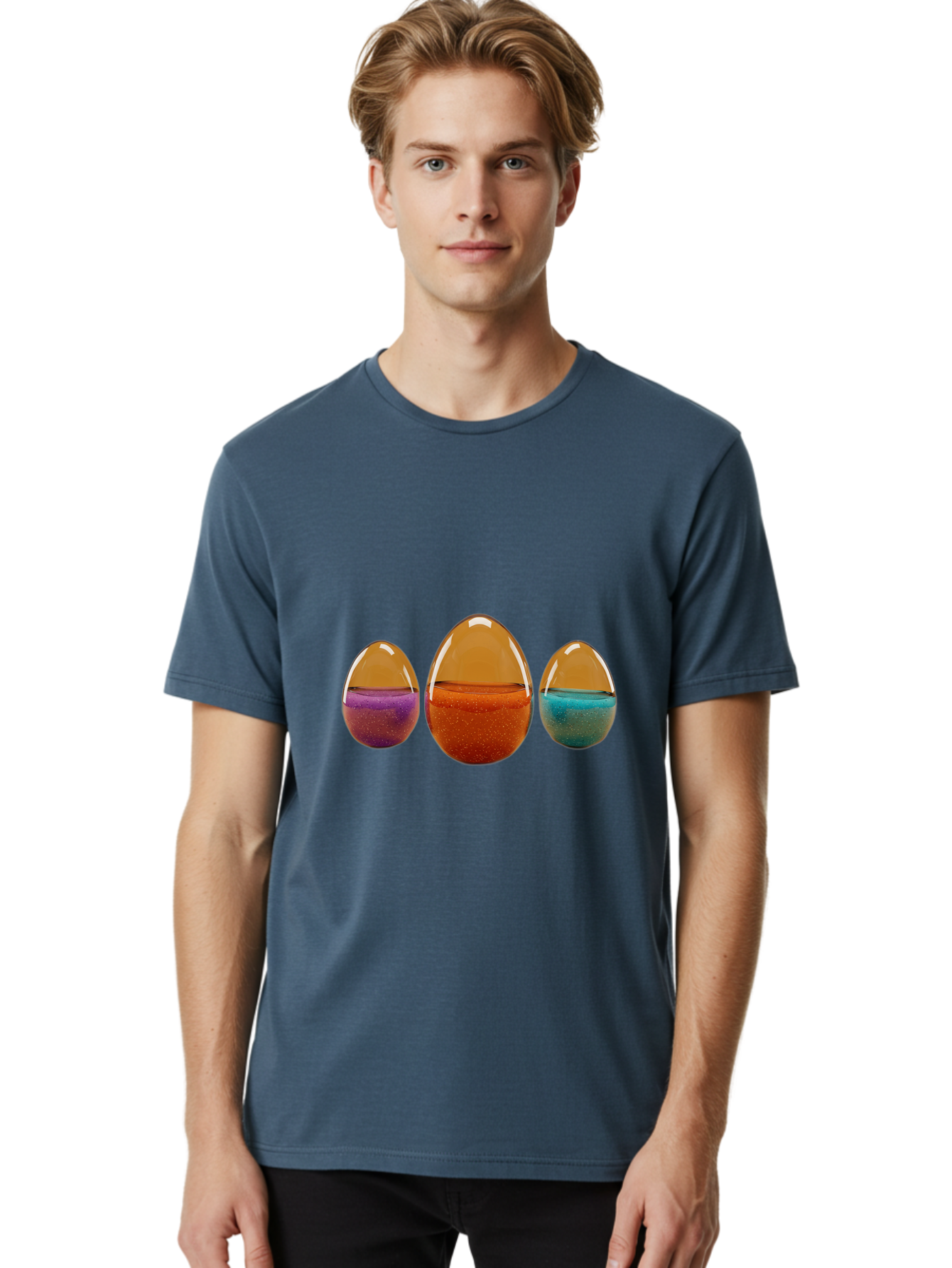 Easter-Eggs-12 Men'S Graphic Tee, 100% Cotton, Comfortable Casual Summer Wear, Machine Washable, Translucent Easter Eggs, Purple, Orange, Blue, Sparkly Contents, Festive Decorations, Spring Holiday, Colorful Eggs, Egg Decorations Baa606