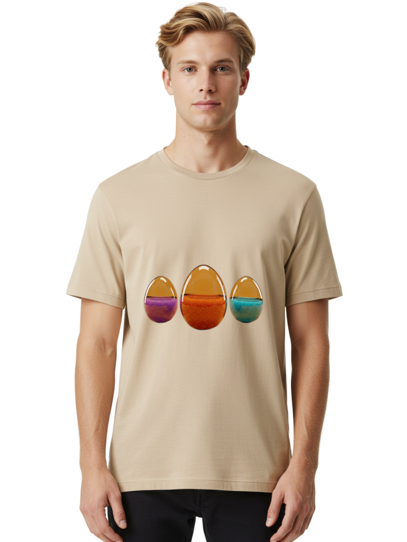 Easter-Eggs-12 Men'S Graphic Tee, 100% Cotton, Comfortable Casual Summer Wear, Machine Washable, Translucent Easter Eggs, Purple, Orange, Blue, Sparkly Contents, Festive Decorations, Spring Holiday, Colorful Eggs, Egg Decorations Baa606