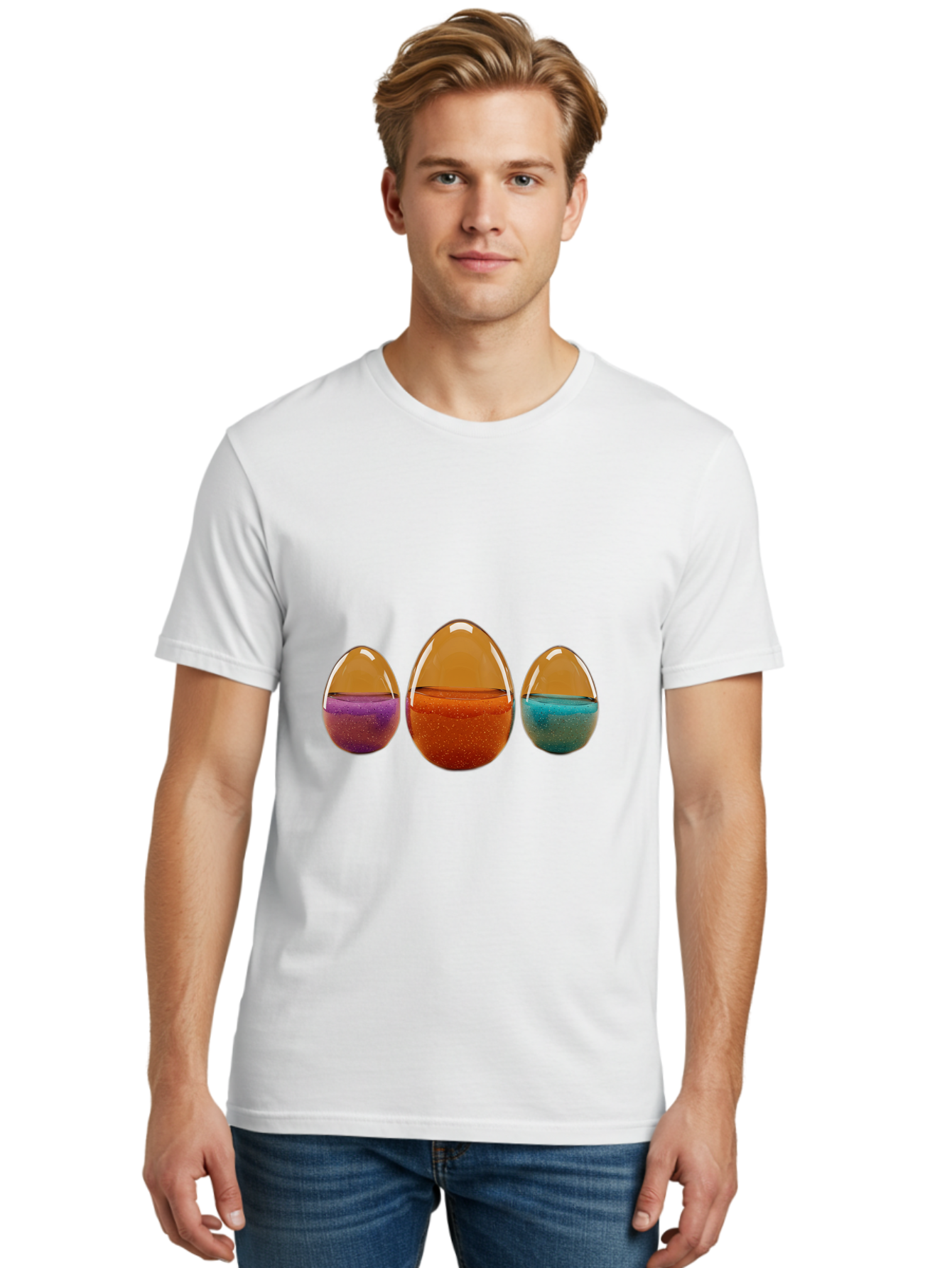 Easter-Eggs-12 Men'S Graphic Tee, 100% Cotton, Comfortable Casual Summer Wear, Machine Washable, Translucent Easter Eggs, Purple, Orange, Blue, Sparkly Contents, Festive Decorations, Spring Holiday, Colorful Eggs, Egg Decorations Baa606