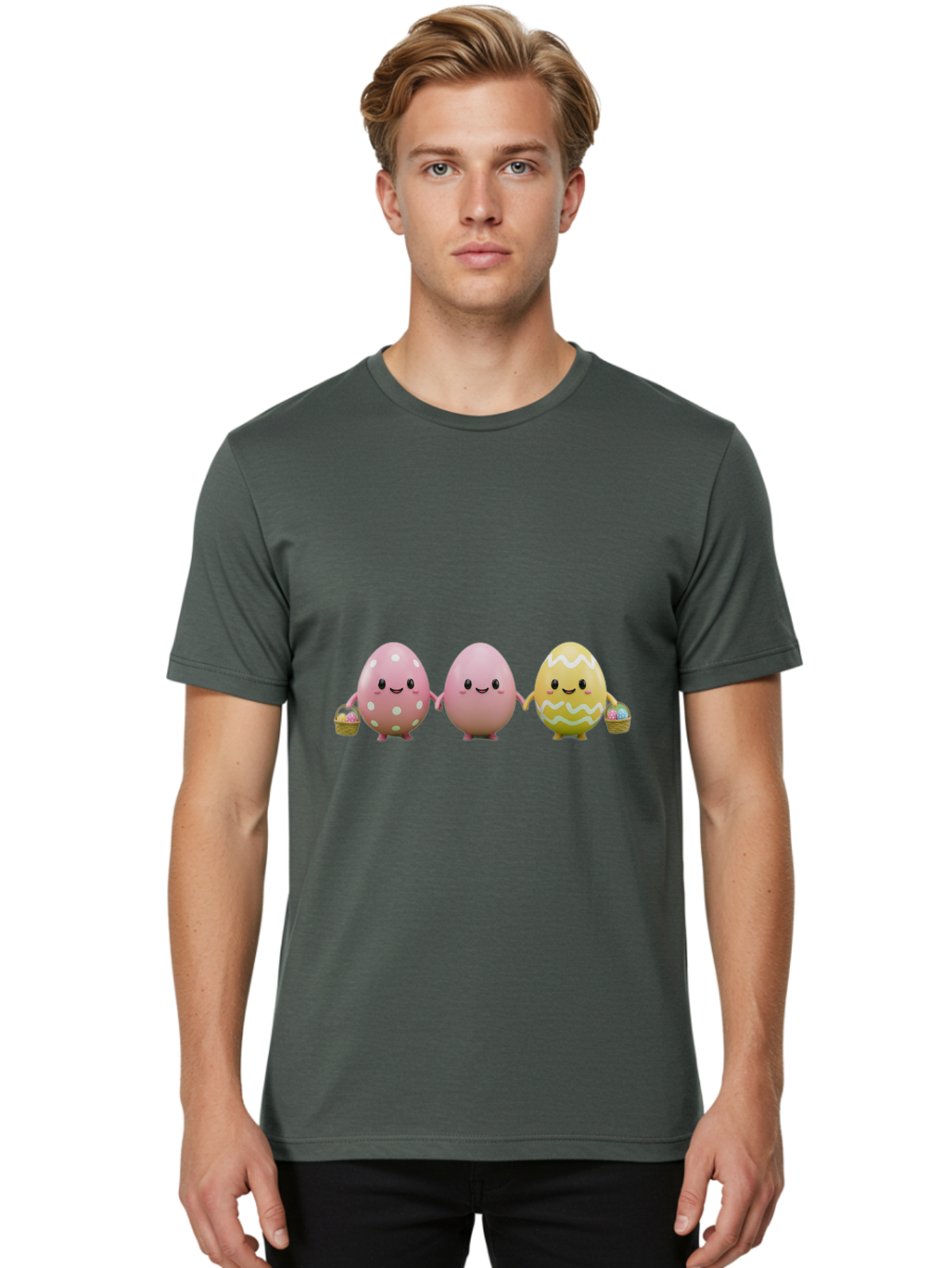 Easter-Eggs-3 Men'S Graphic Tee, 100% Cotton, Comfortable Casual Summer Wear, Machine Washable, Happy Easter Eggs, Smiling Faces, 3D Cartoon Eggs, Pastel Colors, Egg Decorations, Easter Basket, Festive Treats, Adorable Characters, Baa608