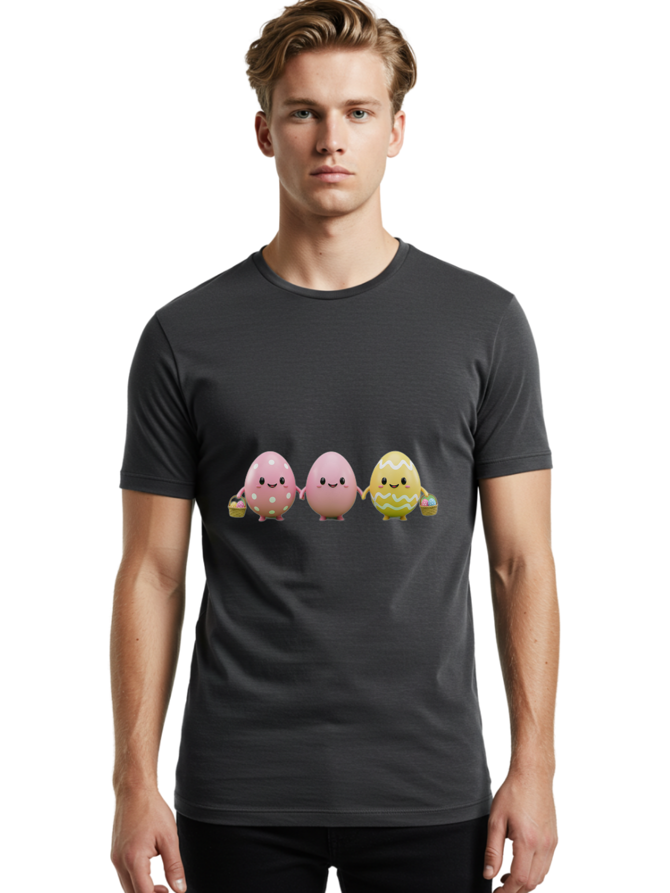 Easter-Eggs-3 Men'S Graphic Tee, 100% Cotton, Comfortable Casual Summer Wear, Machine Washable, Happy Easter Eggs, Smiling Faces, 3D Cartoon Eggs, Pastel Colors, Egg Decorations, Easter Basket, Festive Treats, Adorable Characters, Baa608