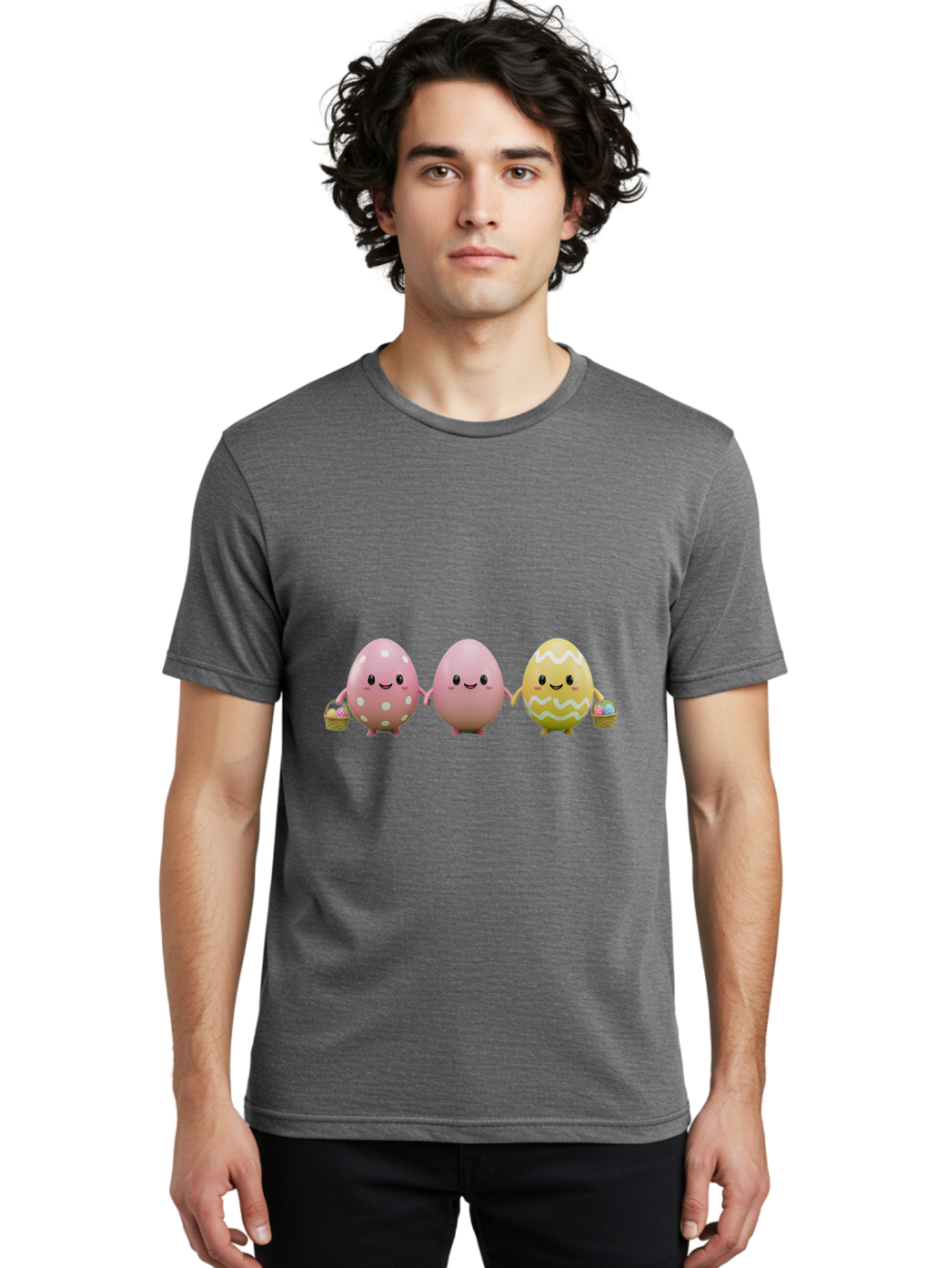 Easter-Eggs-3 Men'S Graphic Tee, 100% Cotton, Comfortable Casual Summer Wear, Machine Washable, Happy Easter Eggs, Smiling Faces, 3D Cartoon Eggs, Pastel Colors, Egg Decorations, Easter Basket, Festive Treats, Adorable Characters, Baa608