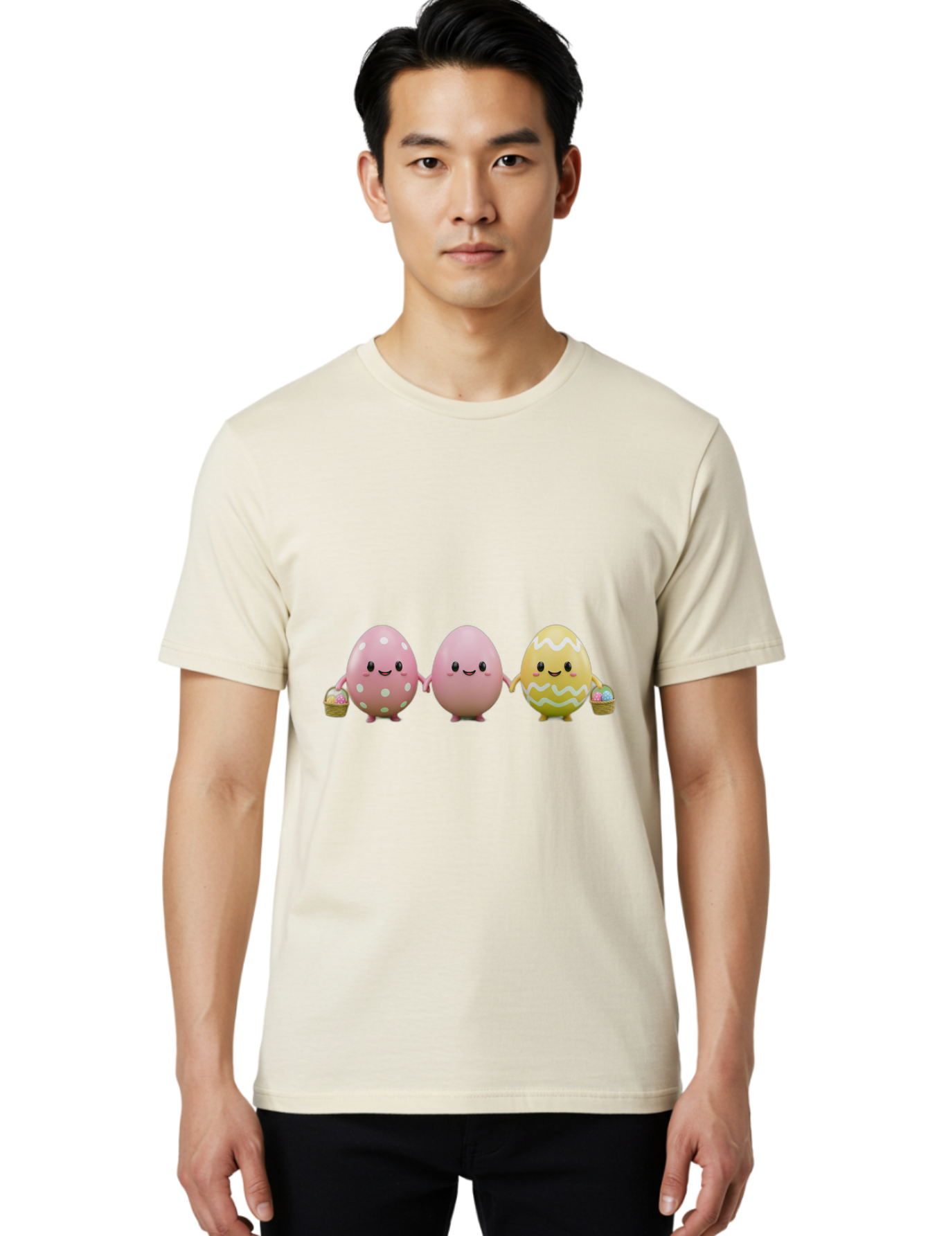 Easter-Eggs-3 Men'S Graphic Tee, 100% Cotton, Comfortable Casual Summer Wear, Machine Washable, Happy Easter Eggs, Smiling Faces, 3D Cartoon Eggs, Pastel Colors, Egg Decorations, Easter Basket, Festive Treats, Adorable Characters, Baa608