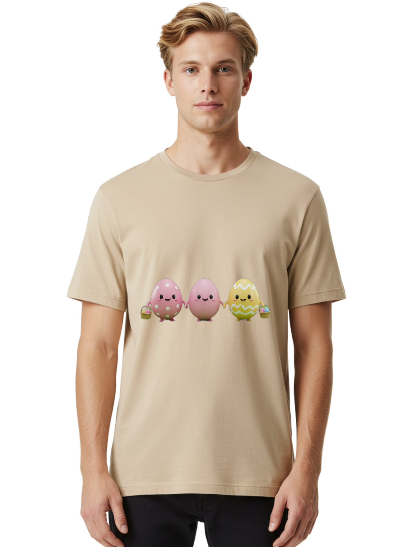 Easter-Eggs-3 Men'S Graphic Tee, 100% Cotton, Comfortable Casual Summer Wear, Machine Washable, Happy Easter Eggs, Smiling Faces, 3D Cartoon Eggs, Pastel Colors, Egg Decorations, Easter Basket, Festive Treats, Adorable Characters, Baa608