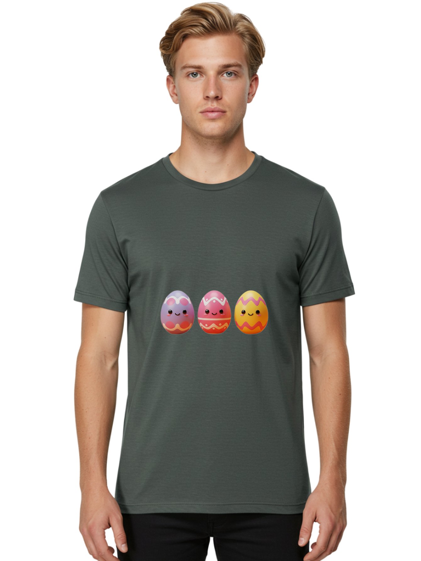 Easter-Eggs-4 Men'S Graphic Tee, 100% Cotton, Comfortable Casual Summer Wear, Machine Washable, Easter Eggs, Decorated Eggs, Smiling Faces, Colorful Designs, Happy Easter, Spring Celebration, Cute Cartoon Baa609