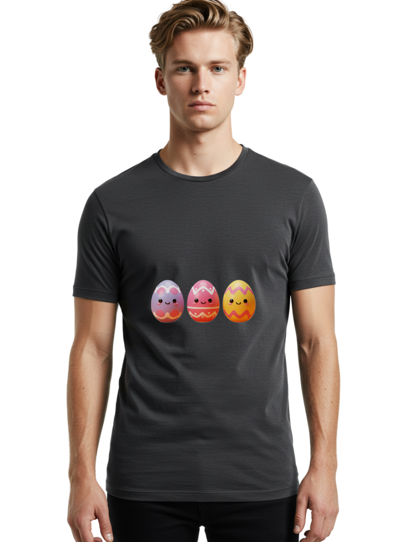 Easter-Eggs-4 Men'S Graphic Tee, 100% Cotton, Comfortable Casual Summer Wear, Machine Washable, Easter Eggs, Decorated Eggs, Smiling Faces, Colorful Designs, Happy Easter, Spring Celebration, Cute Cartoon Baa609