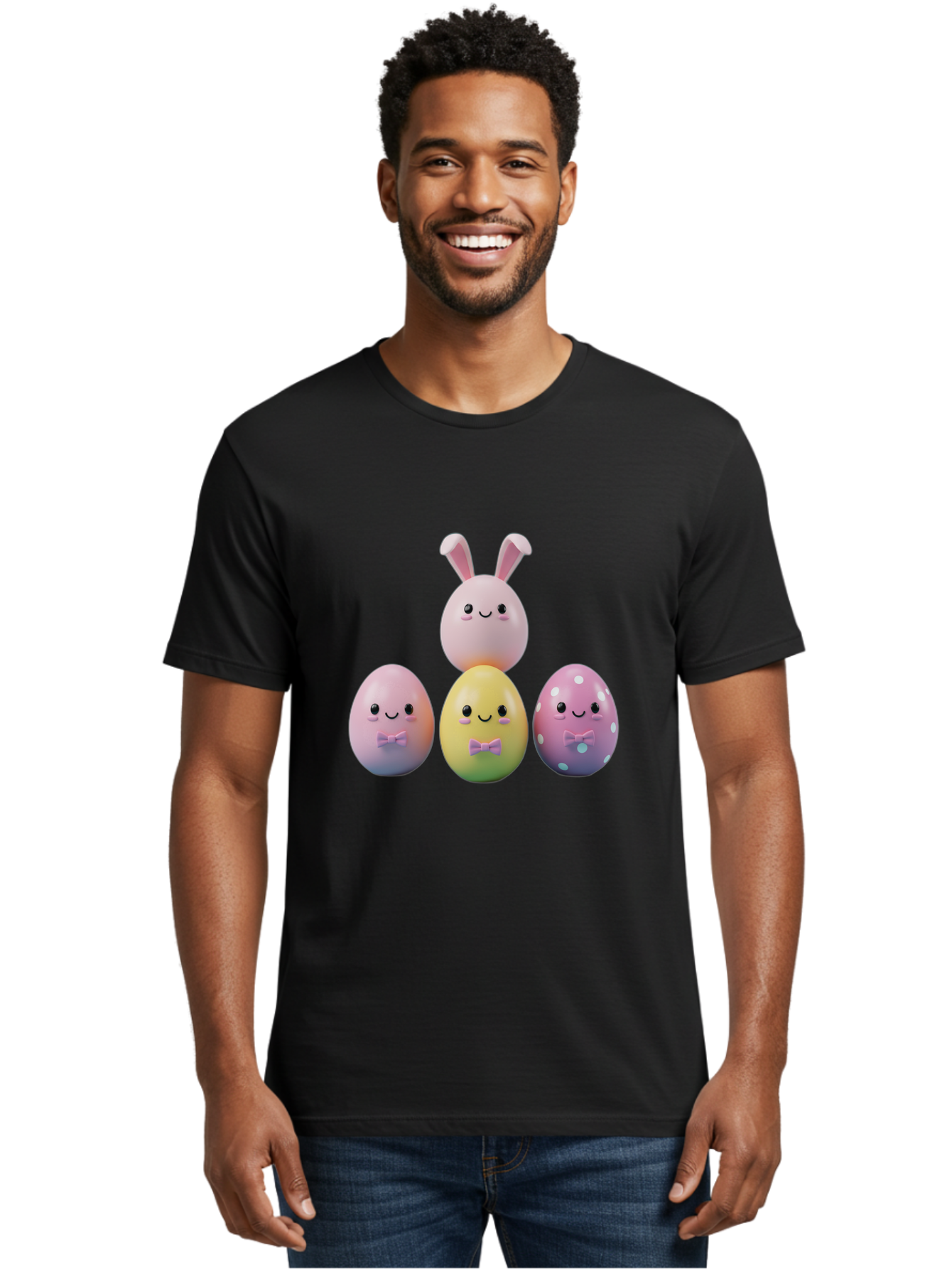Easter-Eggs-5 Men'S Graphic Tee, 100% Cotton, Comfortable Casual Summer Wear, Machine Washable, Easter Eggs With Smiling Faces, Pastel Colors, Bow Ties, Bunny Ears, Festive Decor, Spring Theme, Cartoon Style, Adorable Characters, Happy Easter, Baa610