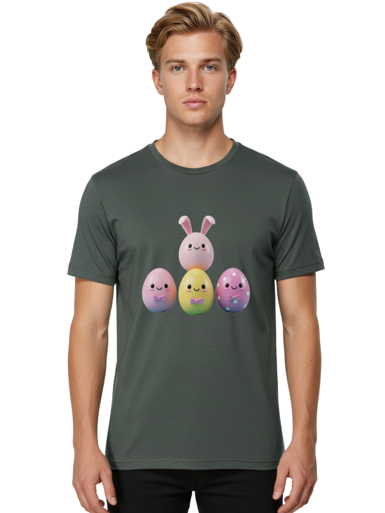 Easter-Eggs-5 Men'S Graphic Tee, 100% Cotton, Comfortable Casual Summer Wear, Machine Washable, Easter Eggs With Smiling Faces, Pastel Colors, Bow Ties, Bunny Ears, Festive Decor, Spring Theme, Cartoon Style, Adorable Characters, Happy Easter, Baa610
