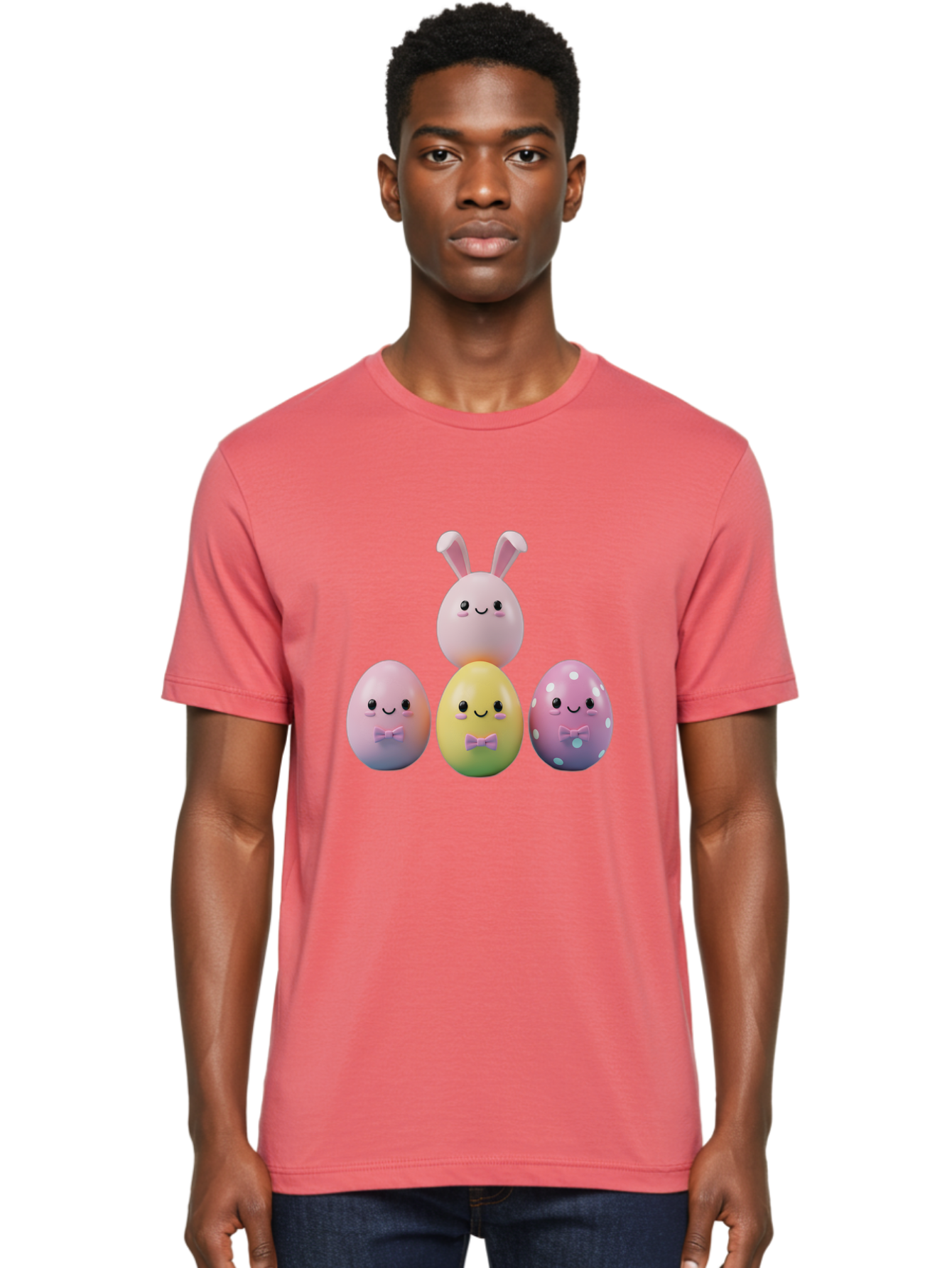 Easter-Eggs-5 Men'S Graphic Tee, 100% Cotton, Comfortable Casual Summer Wear, Machine Washable, Easter Eggs With Smiling Faces, Pastel Colors, Bow Ties, Bunny Ears, Festive Decor, Spring Theme, Cartoon Style, Adorable Characters, Happy Easter, Baa610