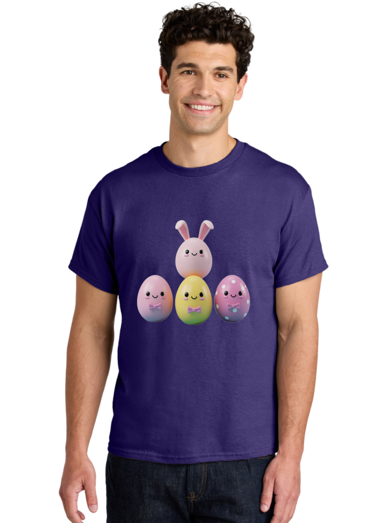 Easter-Eggs-5 Men'S Graphic Tee, 100% Cotton, Comfortable Casual Summer Wear, Machine Washable, Easter Eggs With Smiling Faces, Pastel Colors, Bow Ties, Bunny Ears, Festive Decor, Spring Theme, Cartoon Style, Adorable Characters, Happy Easter, Baa610