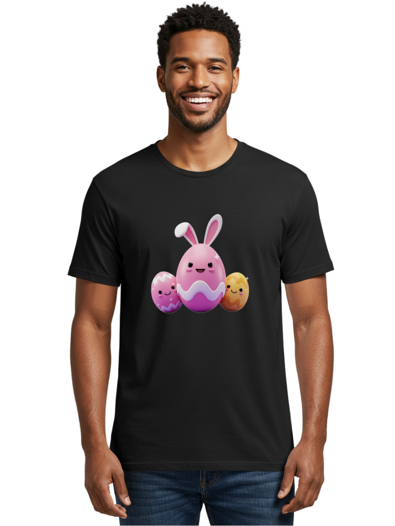 Easter-Eggs-6 Men'S Graphic Tee, 100% Cotton, Comfortable Casual Summer Wear, Machine Washable, Cartoon Easter Eggs, Easter Bunny Egg, Happy Easter, Easter Egg Hunt, Colorful Eggs, Decorated Eggs, Spring Season, Cute Characters, Smiling Faces Baa611