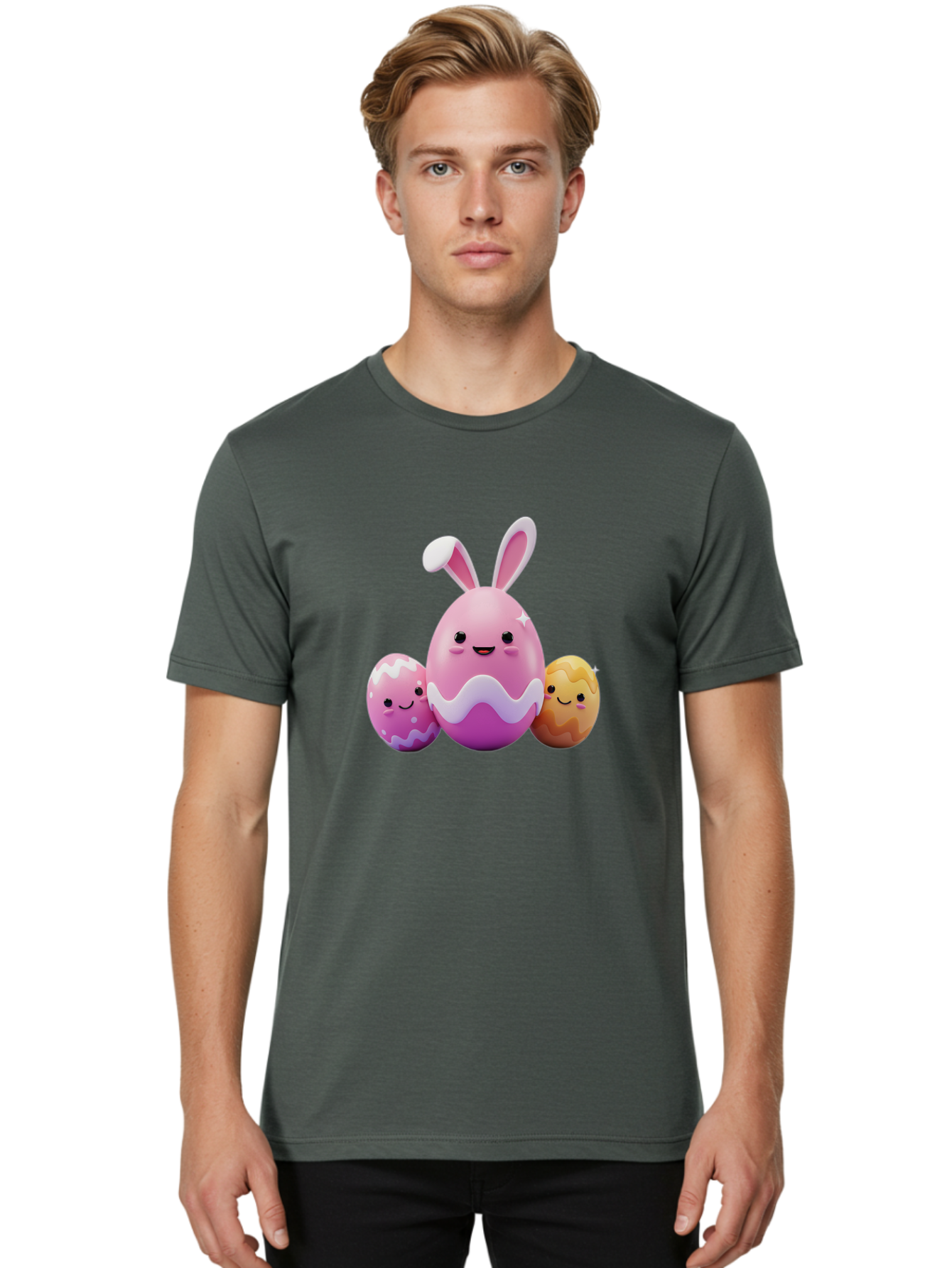 Easter-Eggs-6 Men'S Graphic Tee, 100% Cotton, Comfortable Casual Summer Wear, Machine Washable, Cartoon Easter Eggs, Easter Bunny Egg, Happy Easter, Easter Egg Hunt, Colorful Eggs, Decorated Eggs, Spring Season, Cute Characters, Smiling Faces Baa611