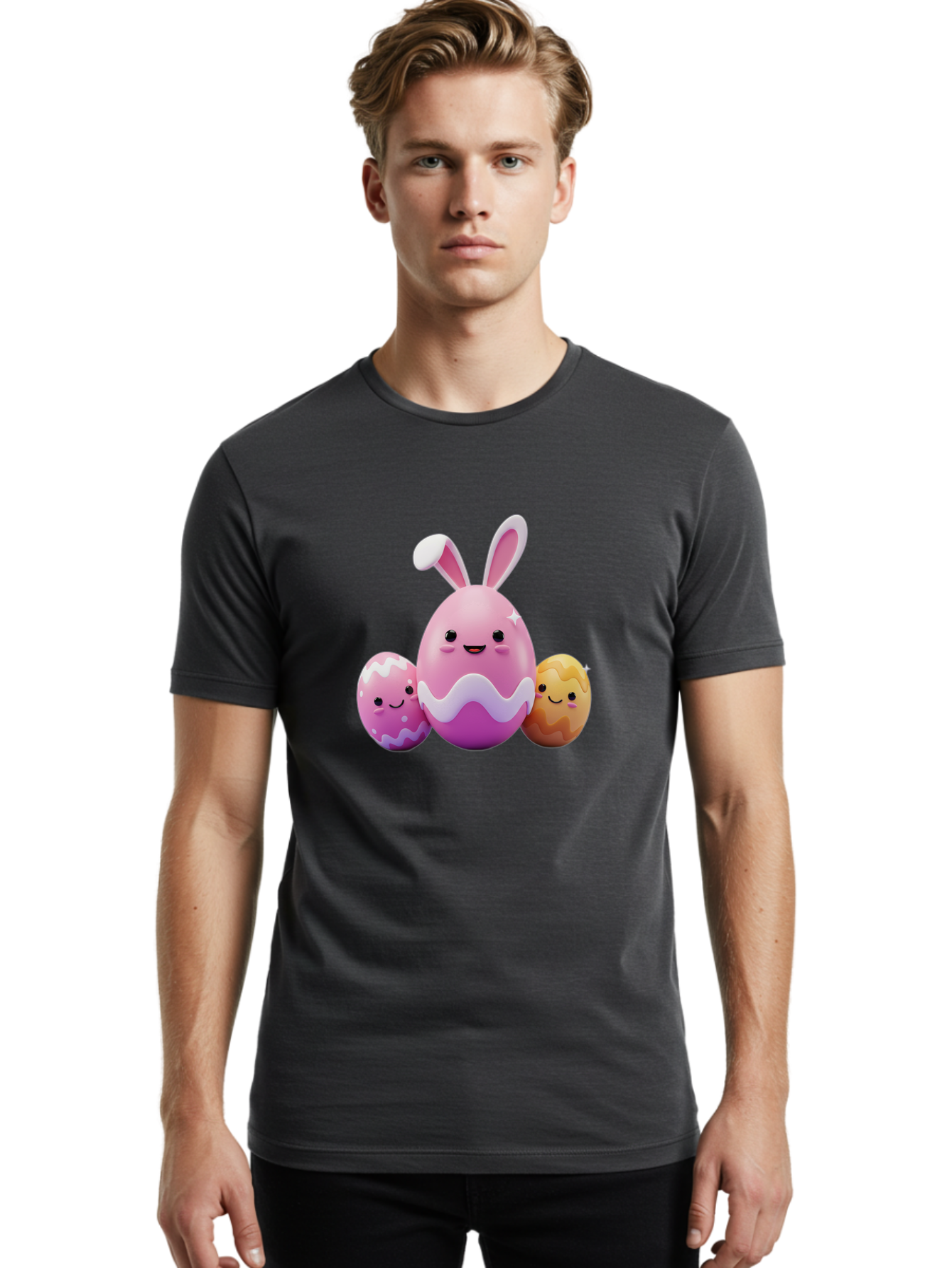 Easter-Eggs-6 Men'S Graphic Tee, 100% Cotton, Comfortable Casual Summer Wear, Machine Washable, Cartoon Easter Eggs, Easter Bunny Egg, Happy Easter, Easter Egg Hunt, Colorful Eggs, Decorated Eggs, Spring Season, Cute Characters, Smiling Faces Baa611