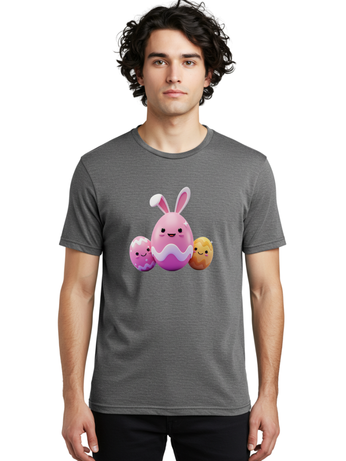Easter-Eggs-6 Men'S Graphic Tee, 100% Cotton, Comfortable Casual Summer Wear, Machine Washable, Cartoon Easter Eggs, Easter Bunny Egg, Happy Easter, Easter Egg Hunt, Colorful Eggs, Decorated Eggs, Spring Season, Cute Characters, Smiling Faces Baa611