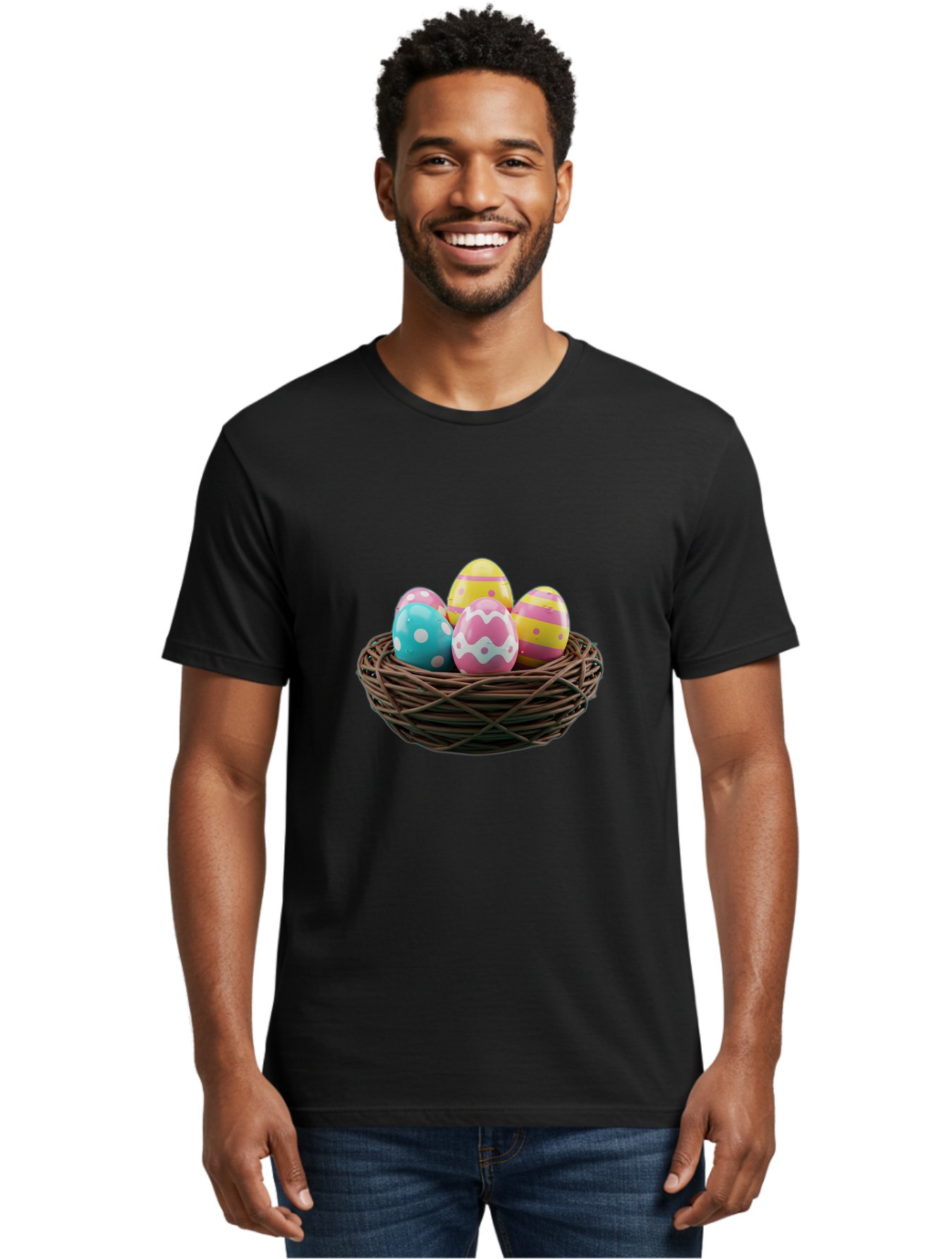 Easter-Eggs-8 Men'S Graphic Tee, 100% Cotton, Comfortable Casual Summer Wear, Machine Washable, Painted Easter Eggs, Wicker Basket, Festive Decorations, Spring Holiday, Colorful Eggs, Easter Celebration, Pastel Colors, Baa613