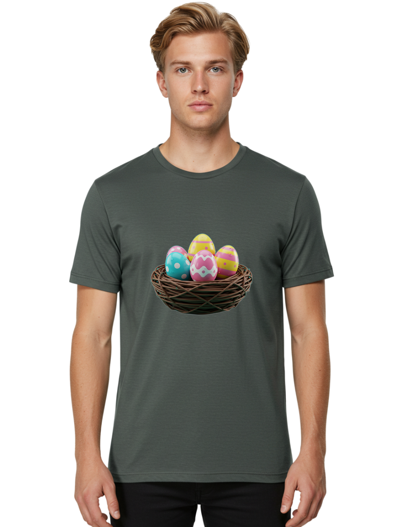 Easter-Eggs-8 Men'S Graphic Tee, 100% Cotton, Comfortable Casual Summer Wear, Machine Washable, Painted Easter Eggs, Wicker Basket, Festive Decorations, Spring Holiday, Colorful Eggs, Easter Celebration, Pastel Colors, Baa613