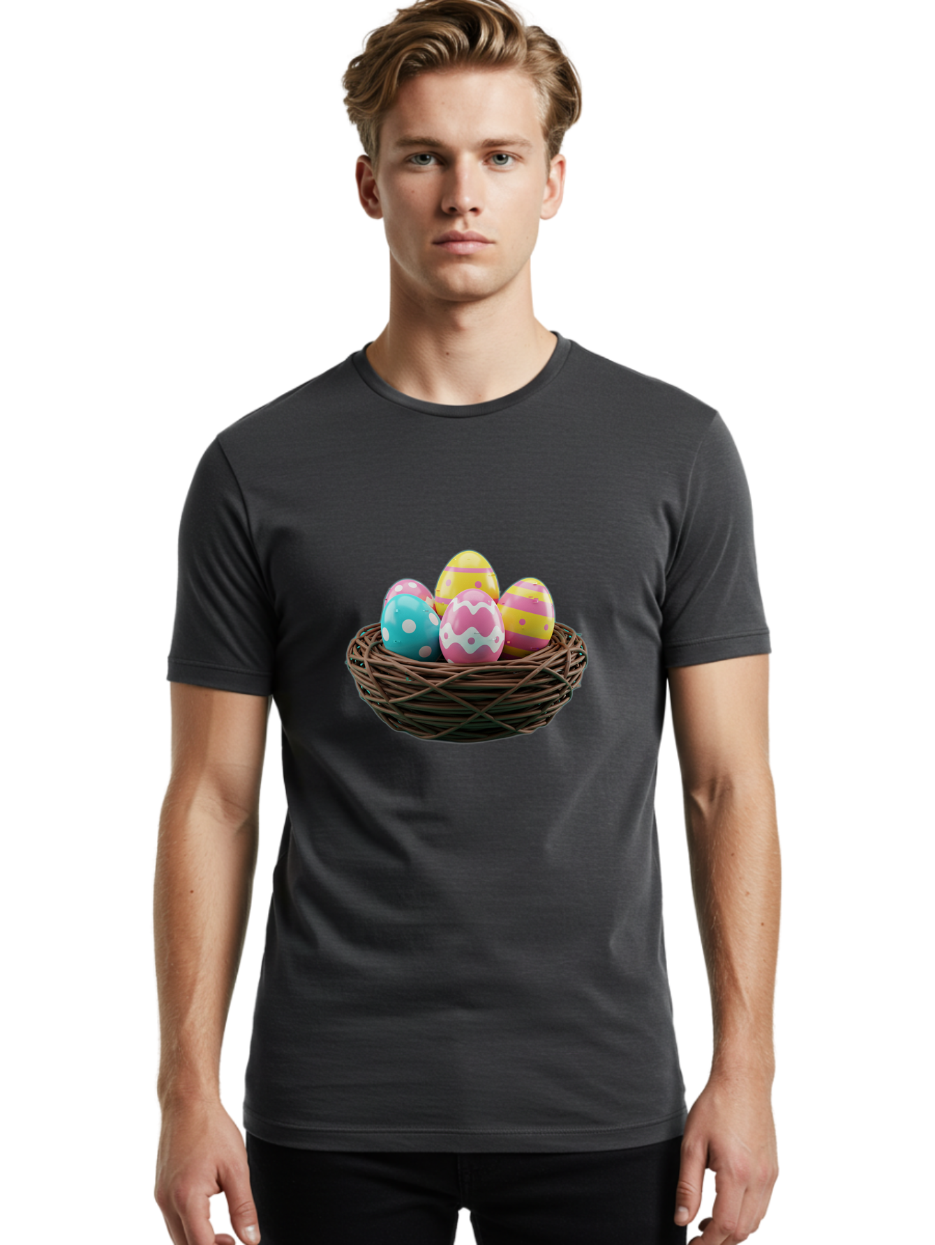 Easter-Eggs-8 Men'S Graphic Tee, 100% Cotton, Comfortable Casual Summer Wear, Machine Washable, Painted Easter Eggs, Wicker Basket, Festive Decorations, Spring Holiday, Colorful Eggs, Easter Celebration, Pastel Colors, Baa613