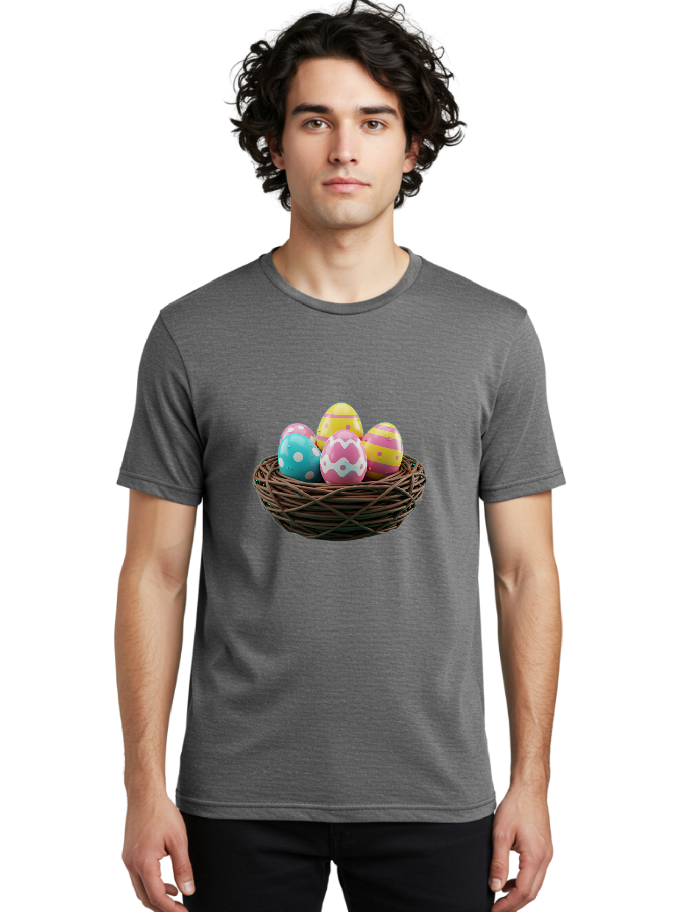 Easter-Eggs-8 Men'S Graphic Tee, 100% Cotton, Comfortable Casual Summer Wear, Machine Washable, Painted Easter Eggs, Wicker Basket, Festive Decorations, Spring Holiday, Colorful Eggs, Easter Celebration, Pastel Colors, Baa613