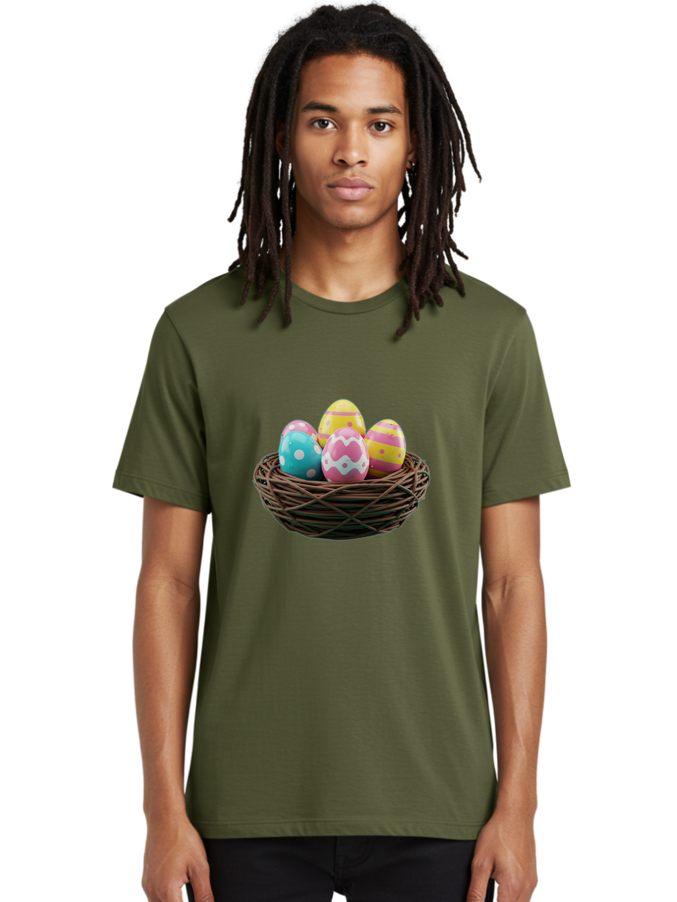 Easter-Eggs-8 Men'S Graphic Tee, 100% Cotton, Comfortable Casual Summer Wear, Machine Washable, Painted Easter Eggs, Wicker Basket, Festive Decorations, Spring Holiday, Colorful Eggs, Easter Celebration, Pastel Colors, Baa613