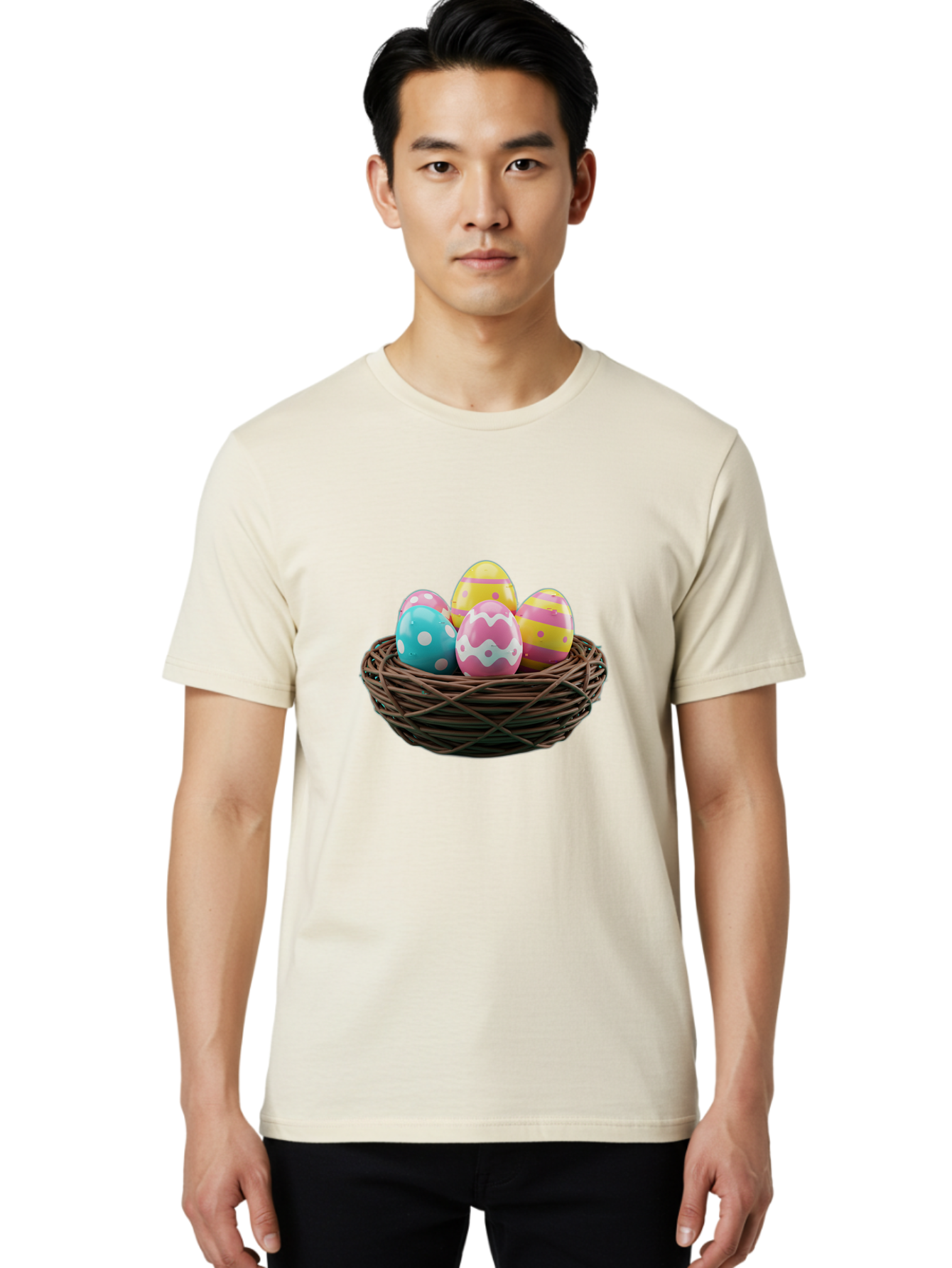 Easter-Eggs-8 Men'S Graphic Tee, 100% Cotton, Comfortable Casual Summer Wear, Machine Washable, Painted Easter Eggs, Wicker Basket, Festive Decorations, Spring Holiday, Colorful Eggs, Easter Celebration, Pastel Colors, Baa613