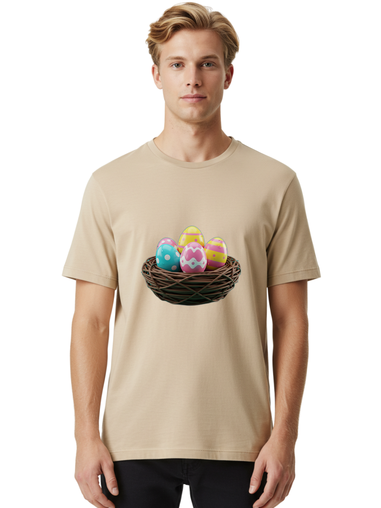 Easter-Eggs-8 Men'S Graphic Tee, 100% Cotton, Comfortable Casual Summer Wear, Machine Washable, Painted Easter Eggs, Wicker Basket, Festive Decorations, Spring Holiday, Colorful Eggs, Easter Celebration, Pastel Colors, Baa613