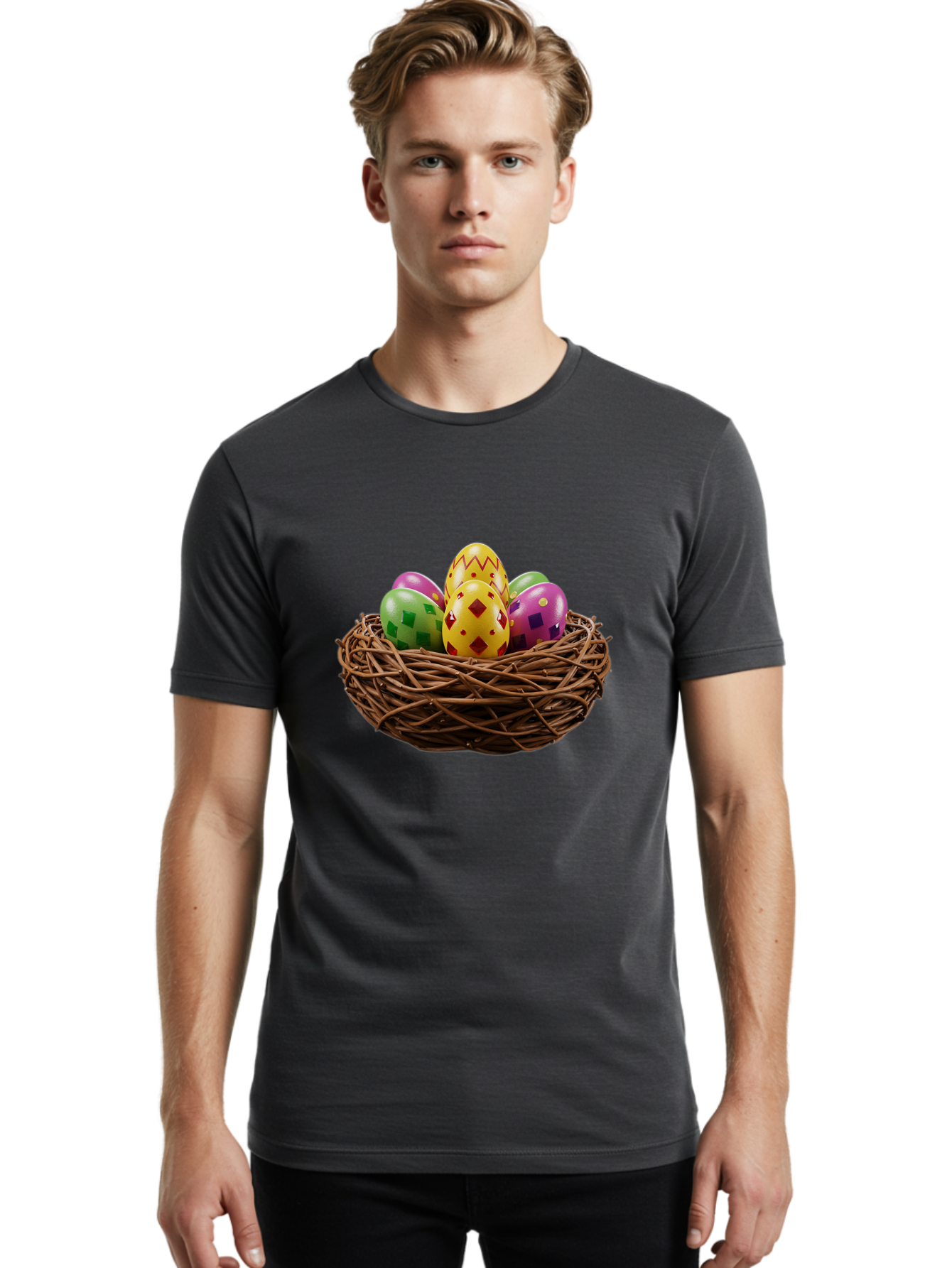 Easter-Eggs-9 Men'S Graphic Tee, 100% Cotton, Comfortable Casual Summer Wear, Machine Washable, Easter Eggs, Colorful Patterns, Diamond Shapes, Checkered Designs, Festive Decorations, Spring Holiday, Colorful Eggs, Decorative Nest Baa614