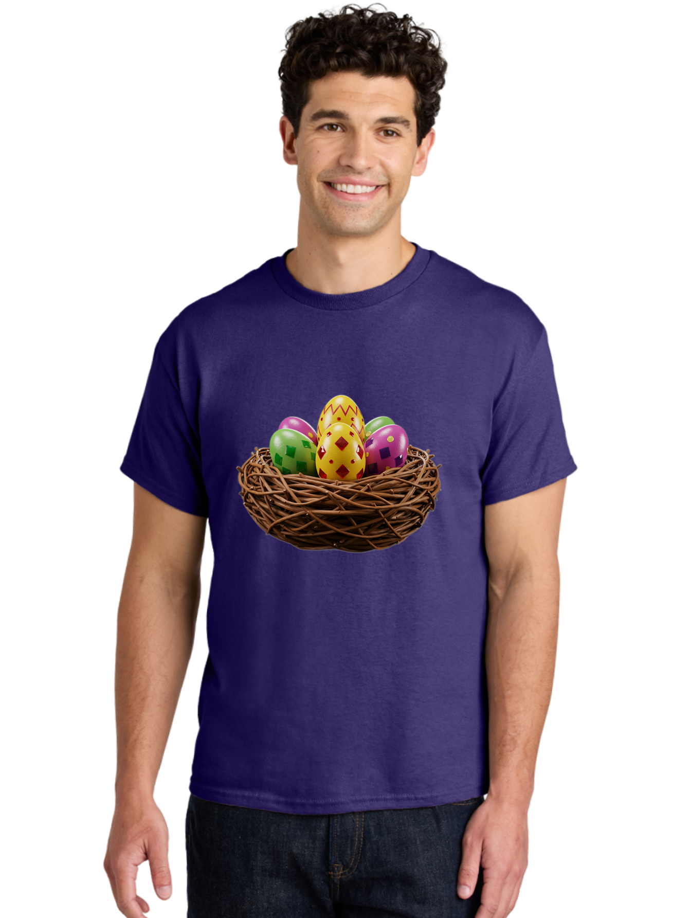 Easter-Eggs-9 Men'S Graphic Tee, 100% Cotton, Comfortable Casual Summer Wear, Machine Washable, Easter Eggs, Colorful Patterns, Diamond Shapes, Checkered Designs, Festive Decorations, Spring Holiday, Colorful Eggs, Decorative Nest Baa614