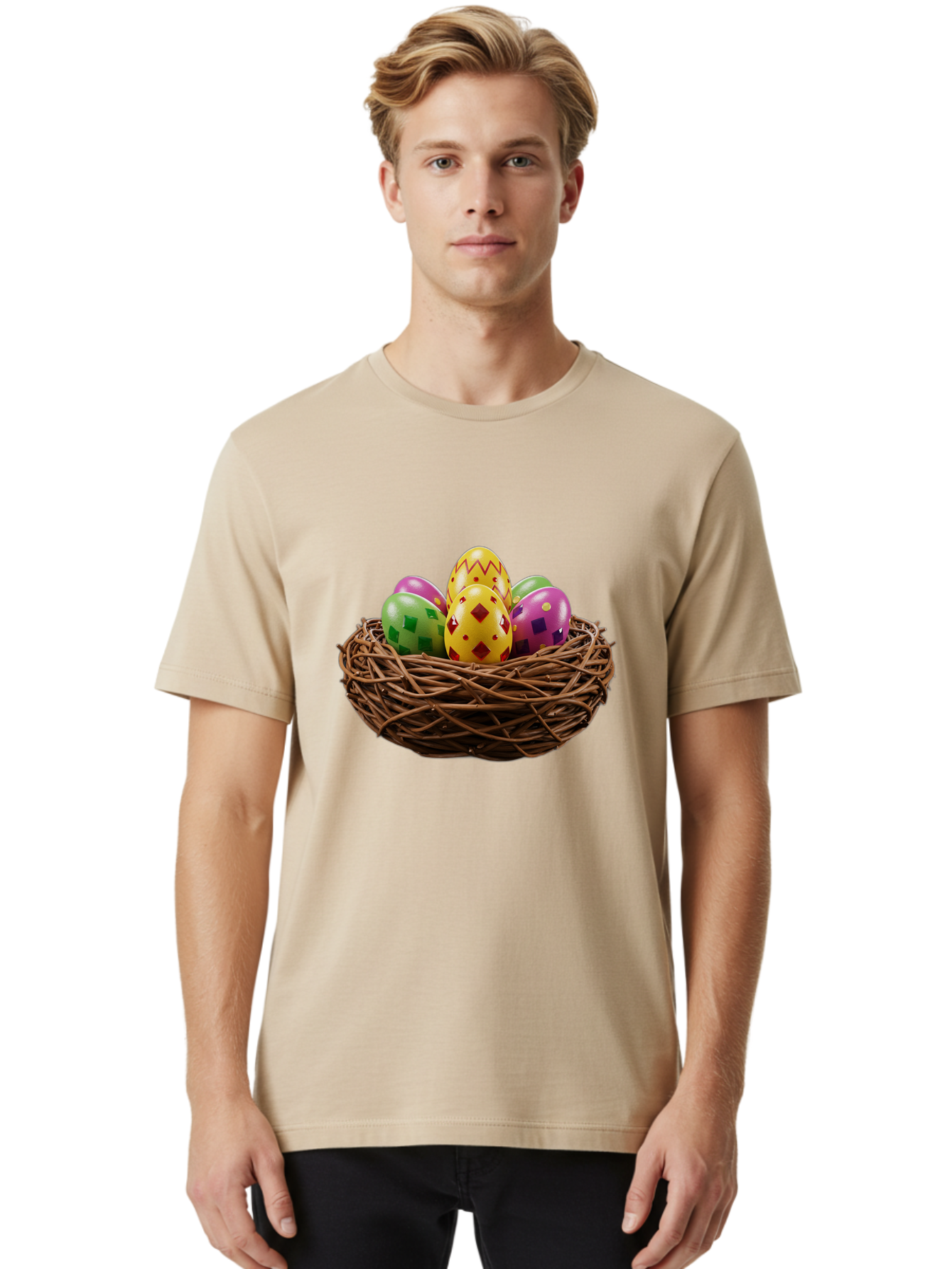 Easter-Eggs-9 Men'S Graphic Tee, 100% Cotton, Comfortable Casual Summer Wear, Machine Washable, Easter Eggs, Colorful Patterns, Diamond Shapes, Checkered Designs, Festive Decorations, Spring Holiday, Colorful Eggs, Decorative Nest Baa614