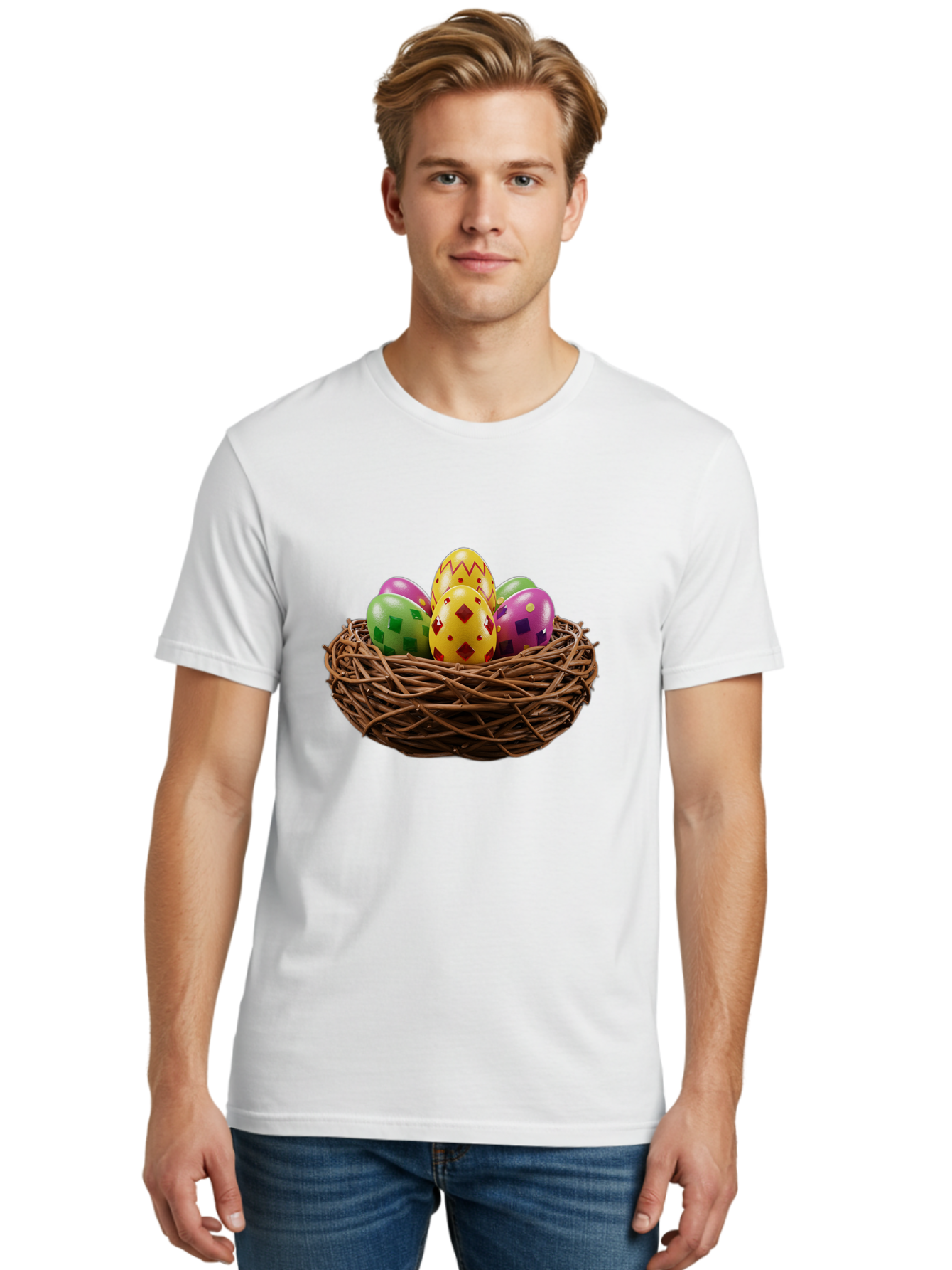 Easter-Eggs-9 Men'S Graphic Tee, 100% Cotton, Comfortable Casual Summer Wear, Machine Washable, Easter Eggs, Colorful Patterns, Diamond Shapes, Checkered Designs, Festive Decorations, Spring Holiday, Colorful Eggs, Decorative Nest Baa614