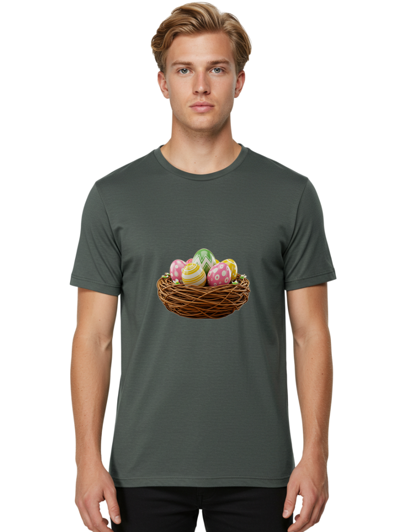 Easter-Eggs-In-Basket-1 Men'S Graphic Tee, 100% Cotton, Comfortable Casual Summer Wear, Machine Washable, Easter Eggs In A Nest, Decorative Eggs, Spring Holiday, Twig Nest, Colorful Eggs, Easter Decorations, Festive Easter Eggs, Egg Hunt, Baa615