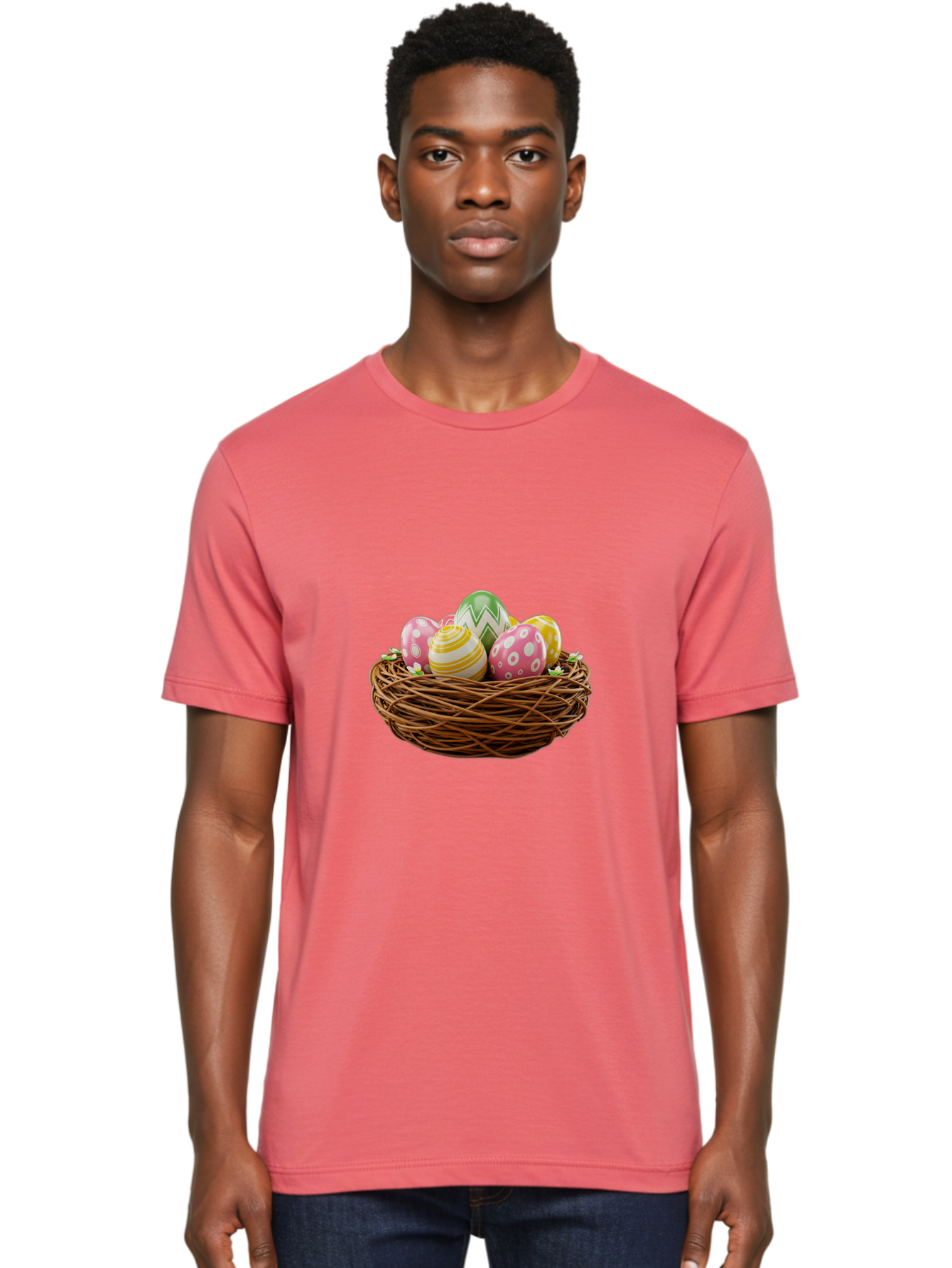 Easter-Eggs-In-Basket-1 Men'S Graphic Tee, 100% Cotton, Comfortable Casual Summer Wear, Machine Washable, Easter Eggs In A Nest, Decorative Eggs, Spring Holiday, Twig Nest, Colorful Eggs, Easter Decorations, Festive Easter Eggs, Egg Hunt, Baa615