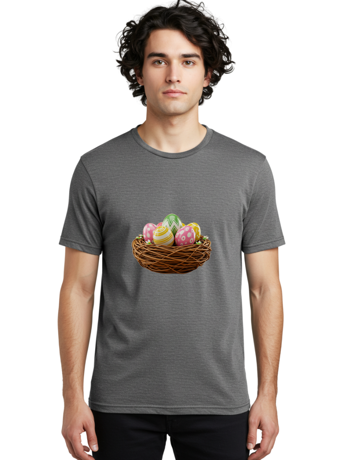Easter-Eggs-In-Basket-1 Men'S Graphic Tee, 100% Cotton, Comfortable Casual Summer Wear, Machine Washable, Easter Eggs In A Nest, Decorative Eggs, Spring Holiday, Twig Nest, Colorful Eggs, Easter Decorations, Festive Easter Eggs, Egg Hunt, Baa615
