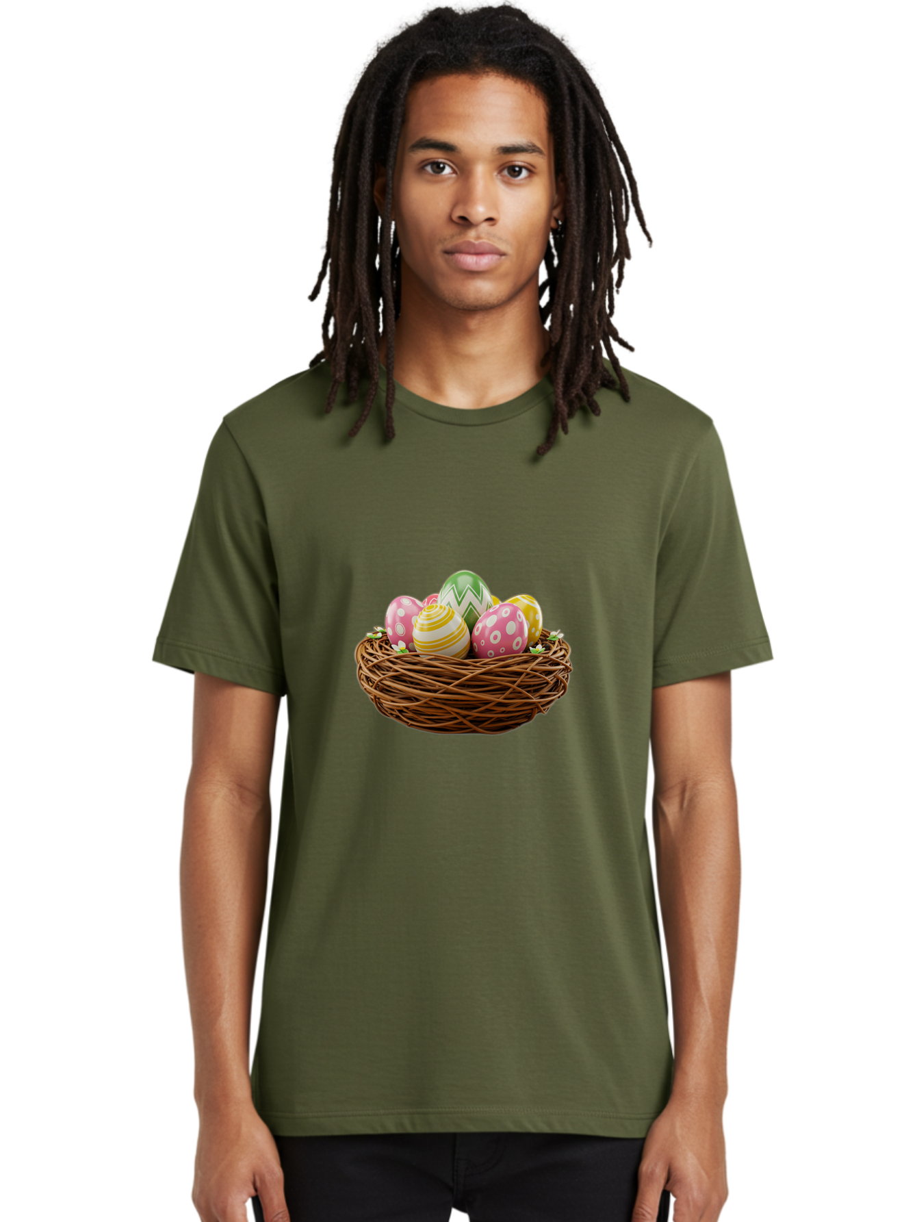 Easter-Eggs-In-Basket-1 Men'S Graphic Tee, 100% Cotton, Comfortable Casual Summer Wear, Machine Washable, Easter Eggs In A Nest, Decorative Eggs, Spring Holiday, Twig Nest, Colorful Eggs, Easter Decorations, Festive Easter Eggs, Egg Hunt, Baa615