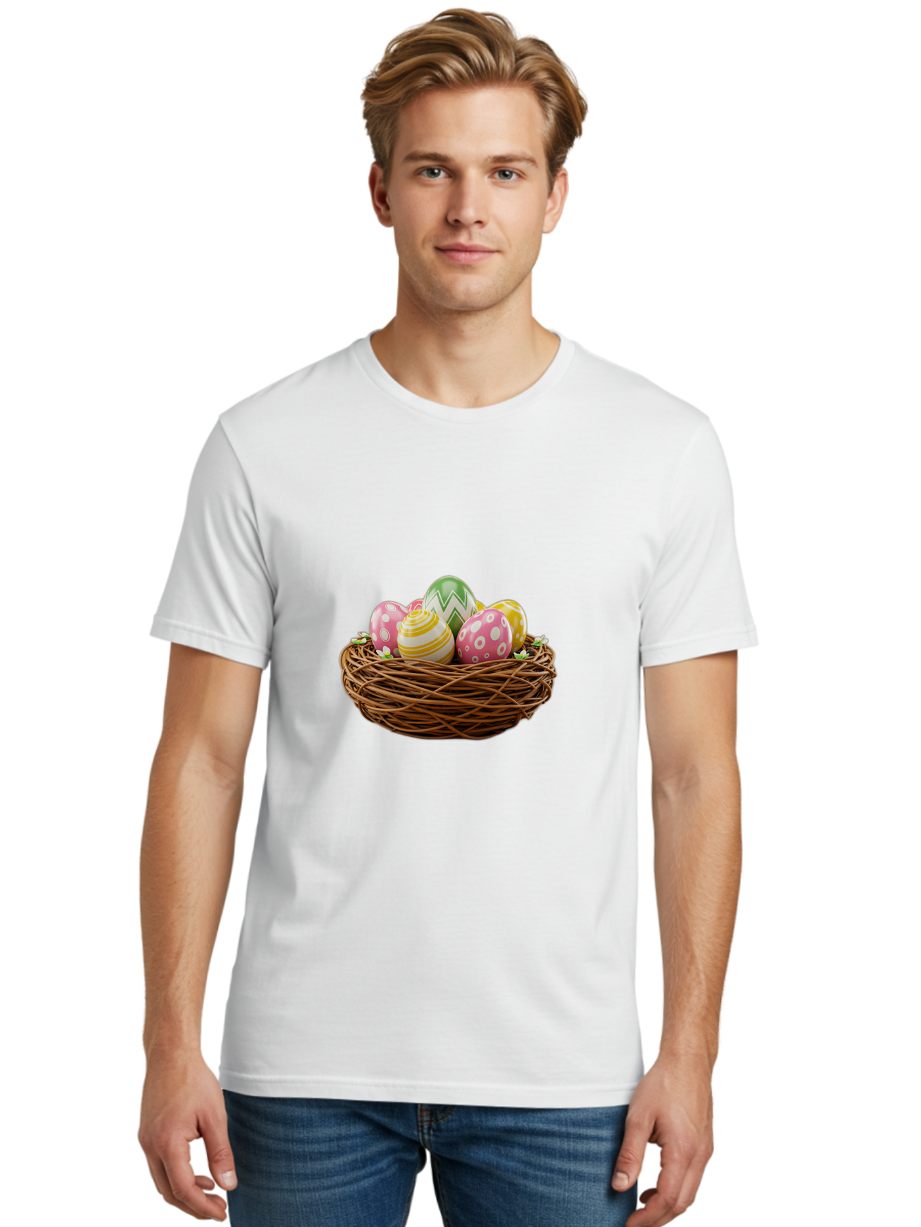 Easter-Eggs-In-Basket-1 Men'S Graphic Tee, 100% Cotton, Comfortable Casual Summer Wear, Machine Washable, Easter Eggs In A Nest, Decorative Eggs, Spring Holiday, Twig Nest, Colorful Eggs, Easter Decorations, Festive Easter Eggs, Egg Hunt, Baa615