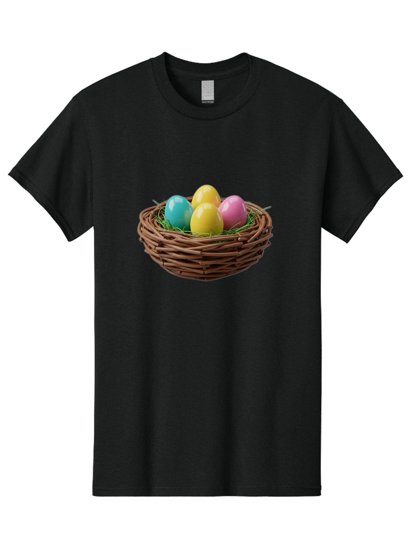 Easter-Eggs-In-Basket Men'S Graphic Tee, 100% Cotton, Comfortable Casual Summer Wear, Machine Washable, Colorful Easter Eggs, Easter Basket, Springtime Decorations, Wicker Basket, Blue Egg, Yellow Eggs, Pink Egg, Festive Colors, Baa616