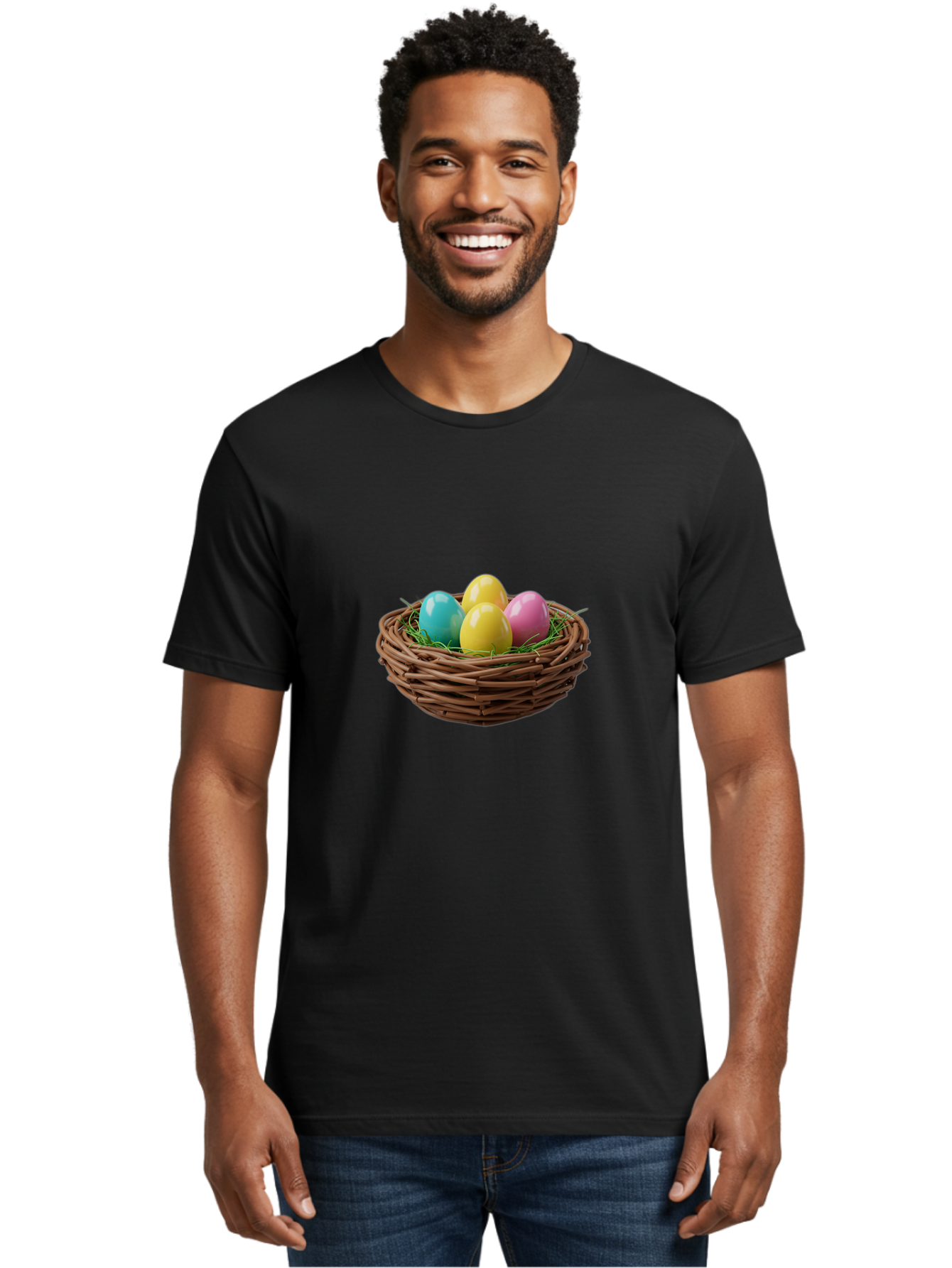 Easter-Eggs-In-Basket Men'S Graphic Tee, 100% Cotton, Comfortable Casual Summer Wear, Machine Washable, Colorful Easter Eggs, Easter Basket, Springtime Decorations, Wicker Basket, Blue Egg, Yellow Eggs, Pink Egg, Festive Colors, Baa616