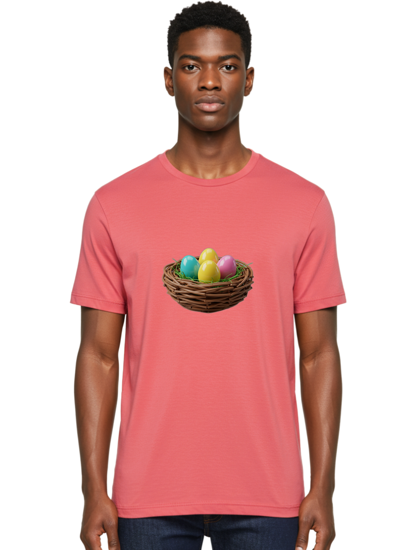 Easter-Eggs-In-Basket Men'S Graphic Tee, 100% Cotton, Comfortable Casual Summer Wear, Machine Washable, Colorful Easter Eggs, Easter Basket, Springtime Decorations, Wicker Basket, Blue Egg, Yellow Eggs, Pink Egg, Festive Colors, Baa616
