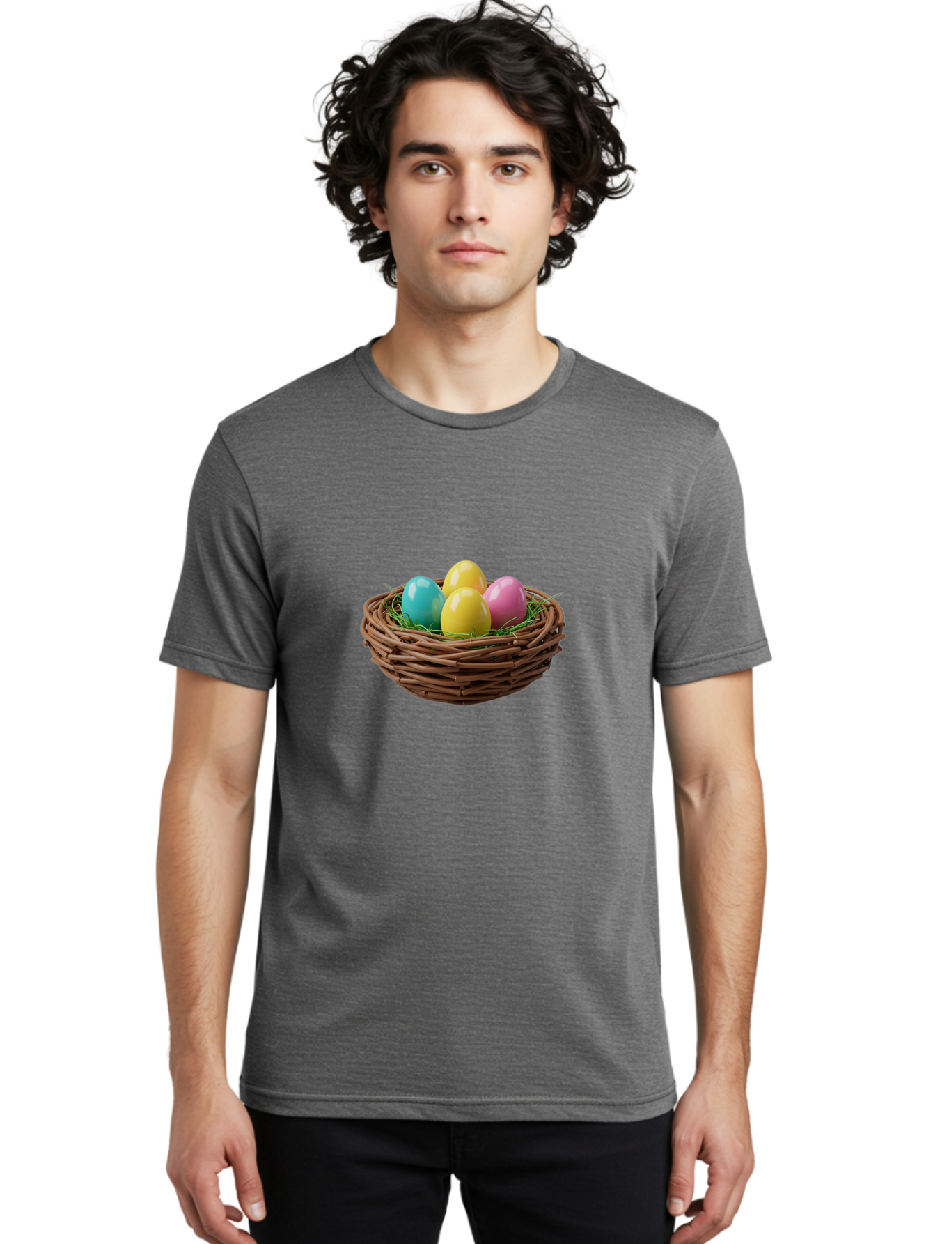 Easter-Eggs-In-Basket Men'S Graphic Tee, 100% Cotton, Comfortable Casual Summer Wear, Machine Washable, Colorful Easter Eggs, Easter Basket, Springtime Decorations, Wicker Basket, Blue Egg, Yellow Eggs, Pink Egg, Festive Colors, Baa616