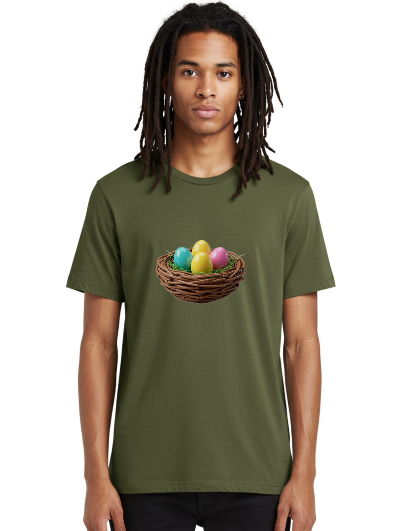 Easter-Eggs-In-Basket Men'S Graphic Tee, 100% Cotton, Comfortable Casual Summer Wear, Machine Washable, Colorful Easter Eggs, Easter Basket, Springtime Decorations, Wicker Basket, Blue Egg, Yellow Eggs, Pink Egg, Festive Colors, Baa616
