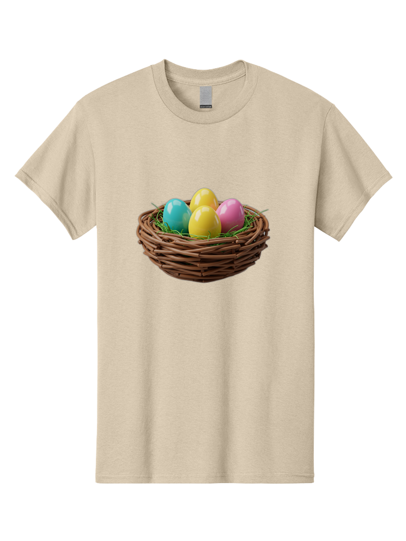 Easter-Eggs-In-Basket Men'S Graphic Tee, 100% Cotton, Comfortable Casual Summer Wear, Machine Washable, Colorful Easter Eggs, Easter Basket, Springtime Decorations, Wicker Basket, Blue Egg, Yellow Eggs, Pink Egg, Festive Colors, Baa616