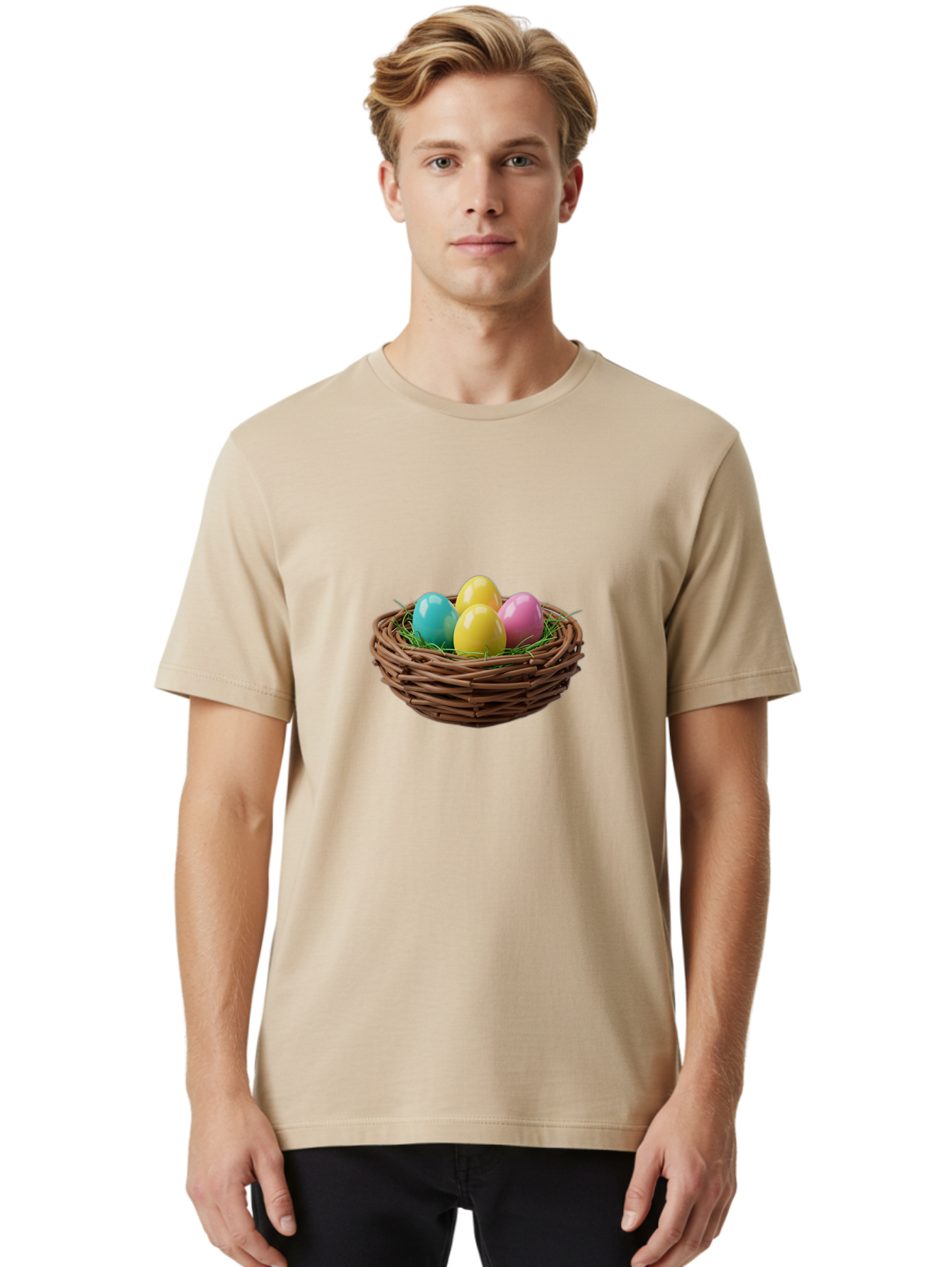 Easter-Eggs-In-Basket Men'S Graphic Tee, 100% Cotton, Comfortable Casual Summer Wear, Machine Washable, Colorful Easter Eggs, Easter Basket, Springtime Decorations, Wicker Basket, Blue Egg, Yellow Eggs, Pink Egg, Festive Colors, Baa616