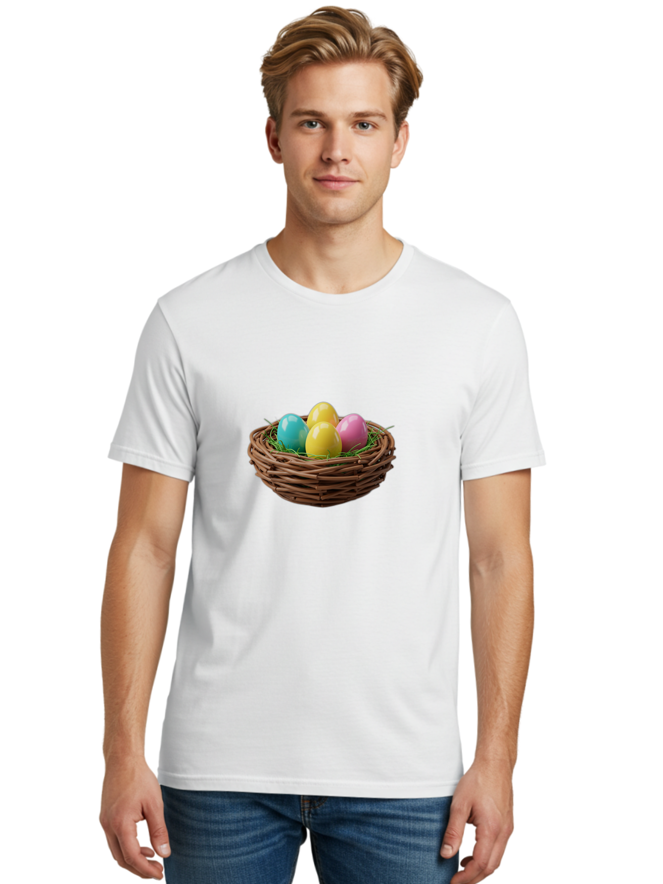 Easter-Eggs-In-Basket Men'S Graphic Tee, 100% Cotton, Comfortable Casual Summer Wear, Machine Washable, Colorful Easter Eggs, Easter Basket, Springtime Decorations, Wicker Basket, Blue Egg, Yellow Eggs, Pink Egg, Festive Colors, Baa616