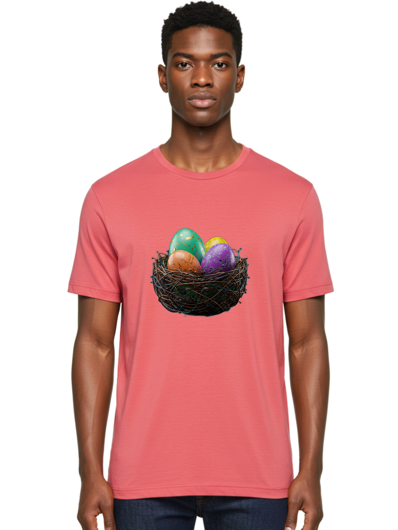 Easter-Eggs-In-Nest-1 Men'S Graphic Tee, 100% Cotton, Comfortable Casual Summer Wear, Machine Washable, Colorful Easter Eggs, Decorative Eggs, Easter Basket, Nest, Vibrant Colors, Festive Decorations, Spring Theme, Easter Celebration Baa617
