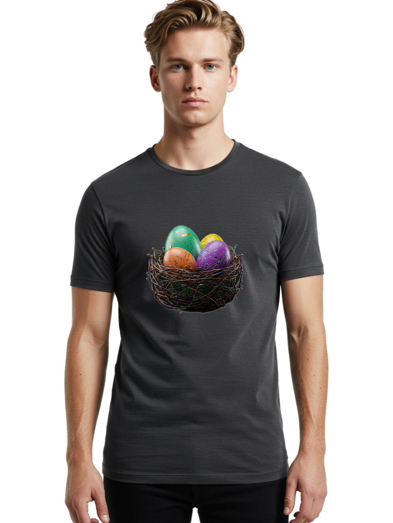 Easter-Eggs-In-Nest-1 Men'S Graphic Tee, 100% Cotton, Comfortable Casual Summer Wear, Machine Washable, Colorful Easter Eggs, Decorative Eggs, Easter Basket, Nest, Vibrant Colors, Festive Decorations, Spring Theme, Easter Celebration Baa617